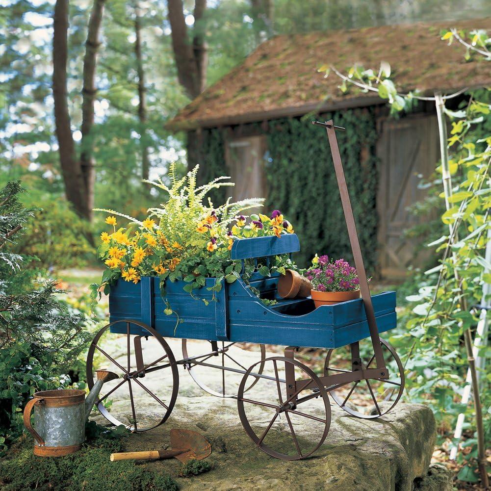 Blue Wooden Wagon Planter with Iron Wheels for Indoor/Outdoor Use