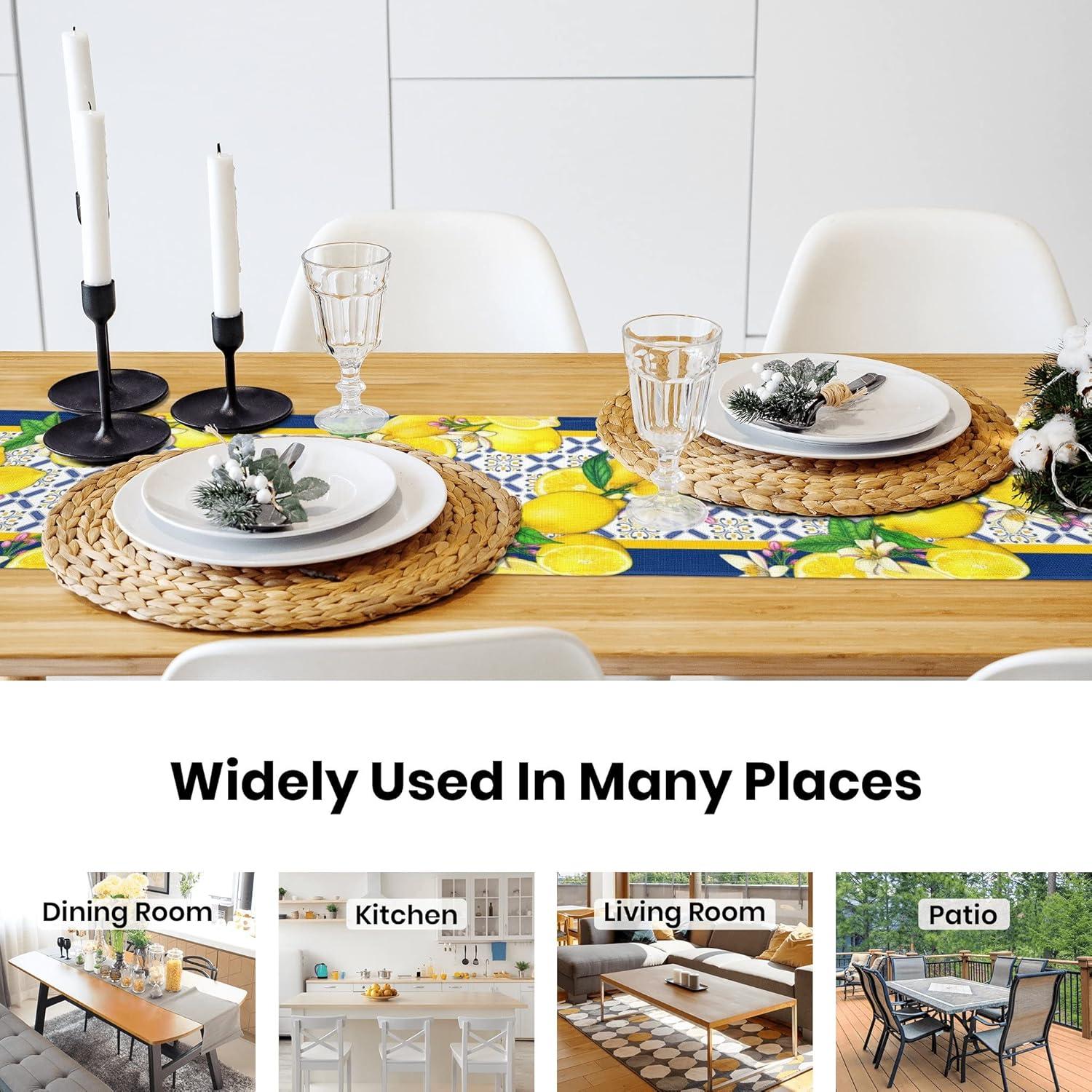 Lemon Burlap Table Runner Seasonal Spring Fall Kitchen Dining Linen Table Decoration for Indoor Outdoor Home Party Dinner 13x72 Inch