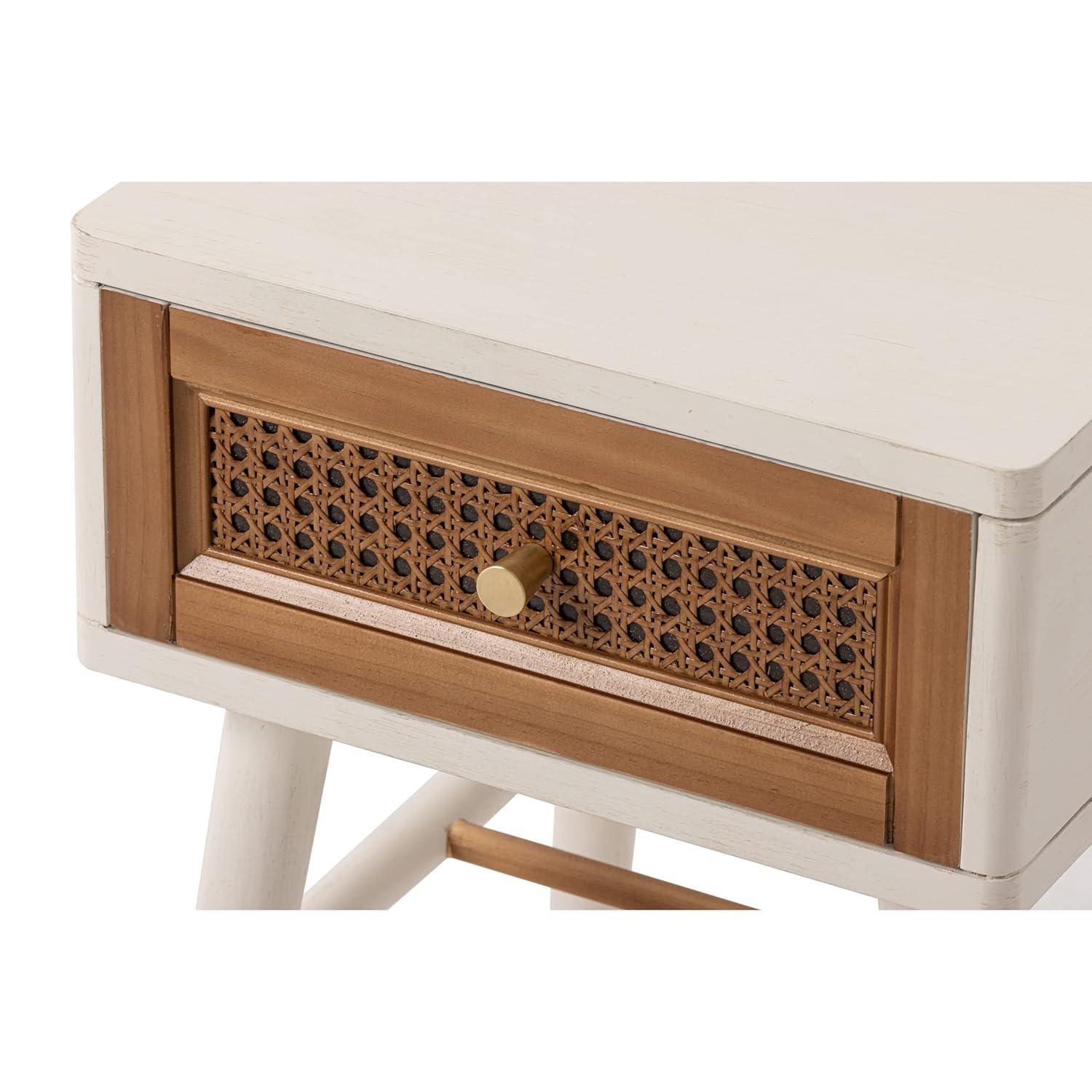 COZAYH Fully-Assembled 1-Drawer Woven Cane Front Accent Nightstand with Brass Knobs for Living Room, Hand-Scratched Aging Finish, Bedroom, White