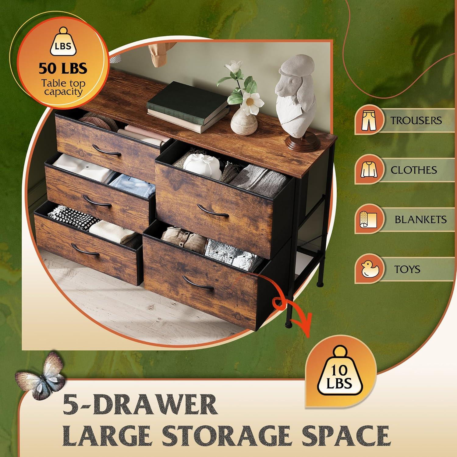 WLIVE Dresser for Bedroom with 5 Drawers, Wide Chest of Drawers for Bedroom, Fabric Dresser for Living Room, Closet, Hallway, Rustic Brown Wood Grain Print