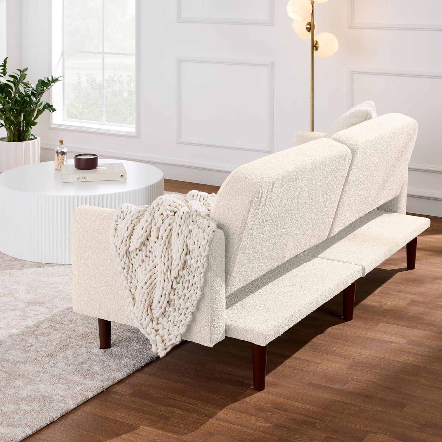 Best Choice Products Curved Convertible Futon, Boucle Fabric Split-Back Sleeper Bed - Ivory