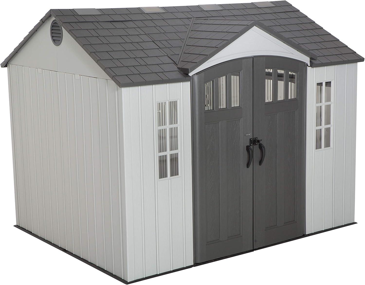 Gray 8' x 10' Polyethylene Storage Shed with Shelving and Windows