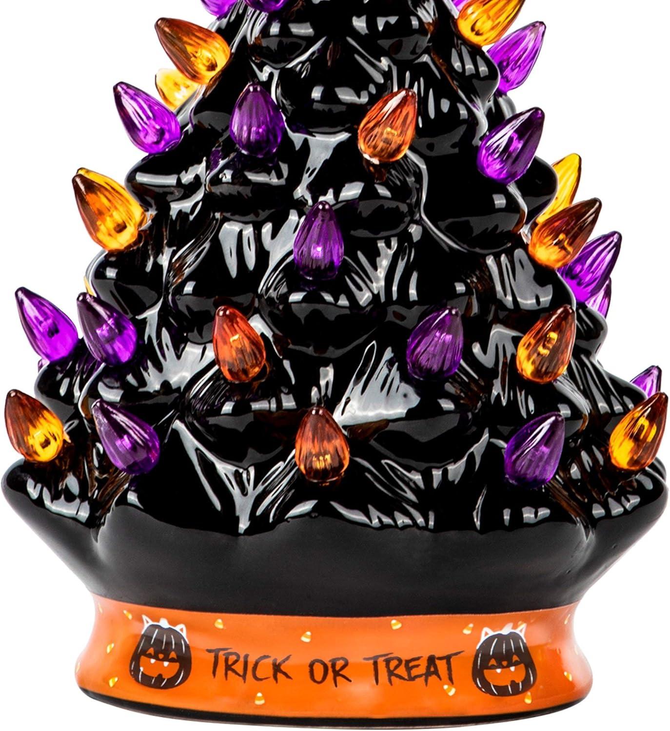 CodYinFI Christmas Tree - Decoration Made with Ceramic, Orange Pumpkin Head-Home Decoration-Trick Or Treat- Over 35 Multicolor Bulbs, LED Light Up by Battery - Black, 9 Inch