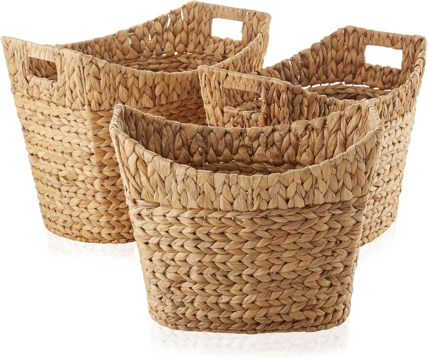 Casafield Set of 3 Water Hyacinth Oval Baskets with Handles - Natural, Woven Storage Totes for Blankets, Laundry, Bathroom, Bedroom, Living Room