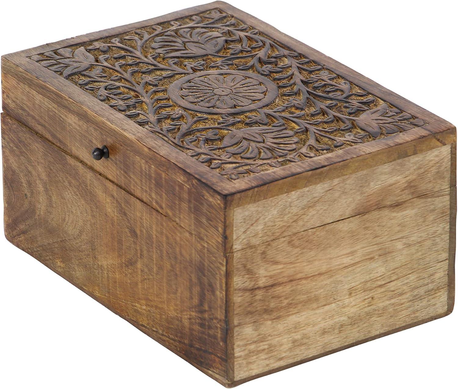 Rustic Mango Wood Floral Carved Lidded Box Set