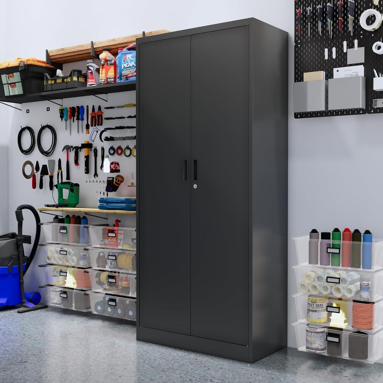 Metal Storage Cabinet, Locking Cabinet with 5 Adjustable Shelves for Garage, Office, Home, Classroom- Black