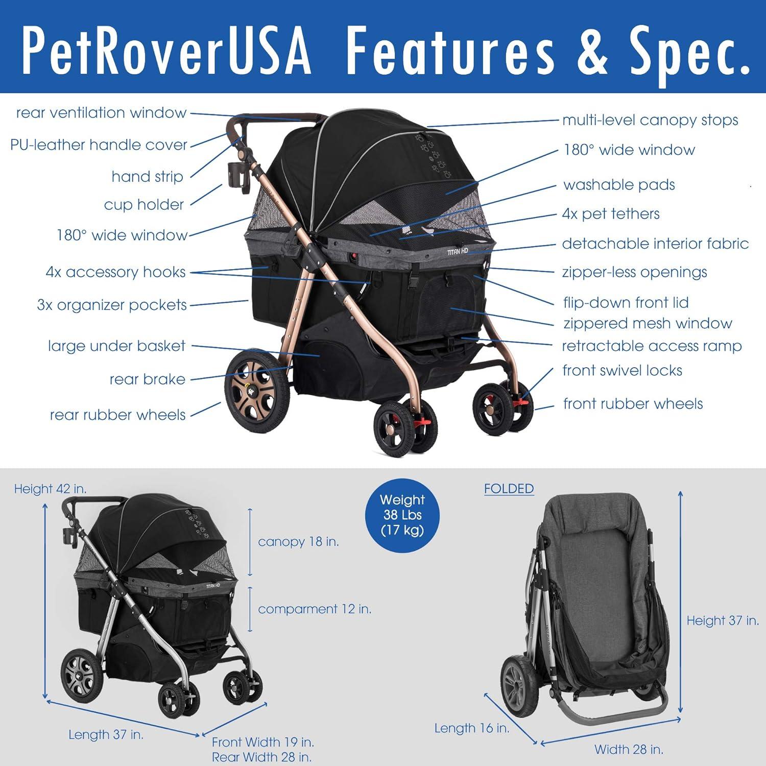 Titan-HD Black Aluminum Pet Stroller with Rubber Wheels