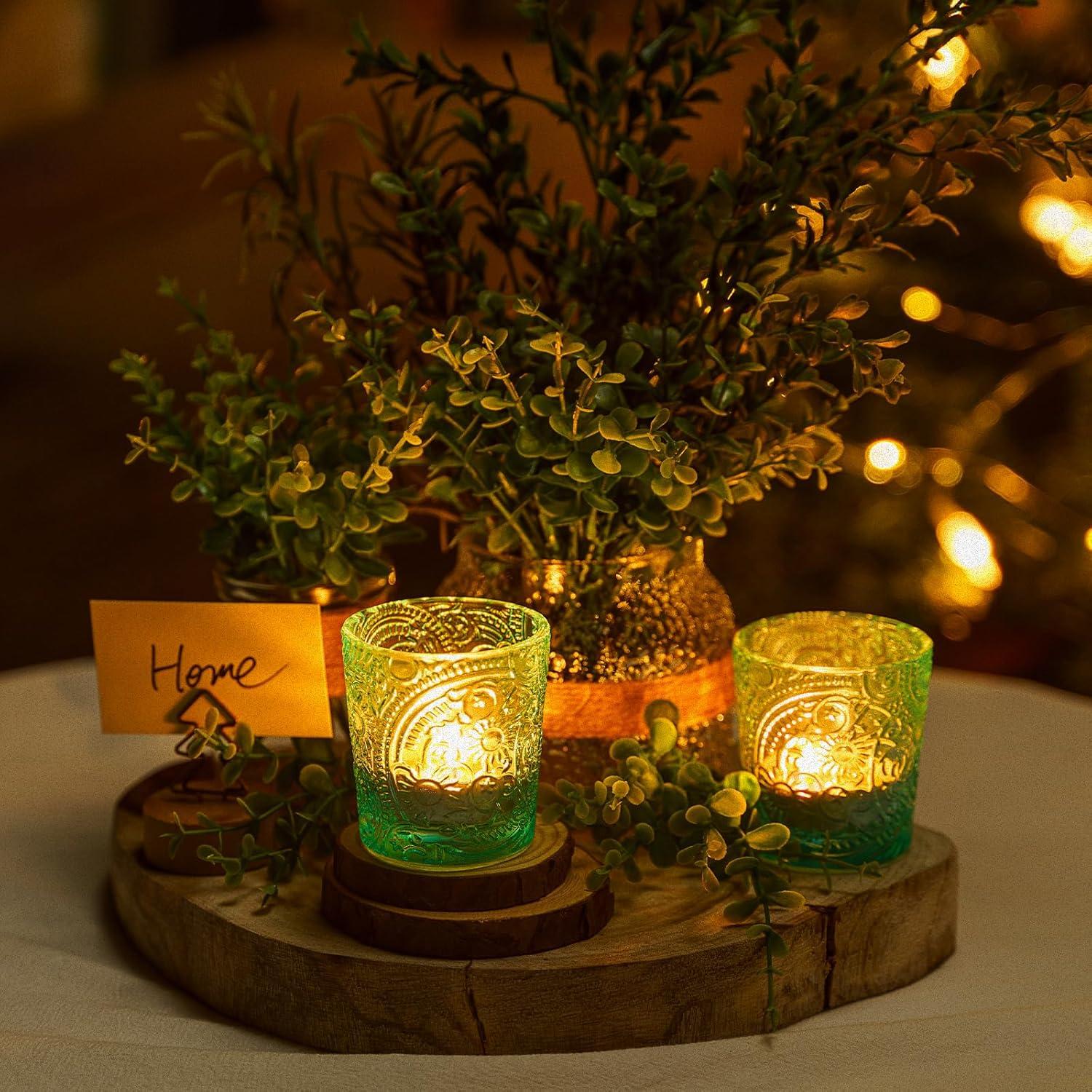 6 Pack Sun Moon Star Embossed Glass Tea Light Candle Holders - Votive Candle Holders for Wedding, Party, Home Decor, and Table Centerpieces (Aqua Blue)