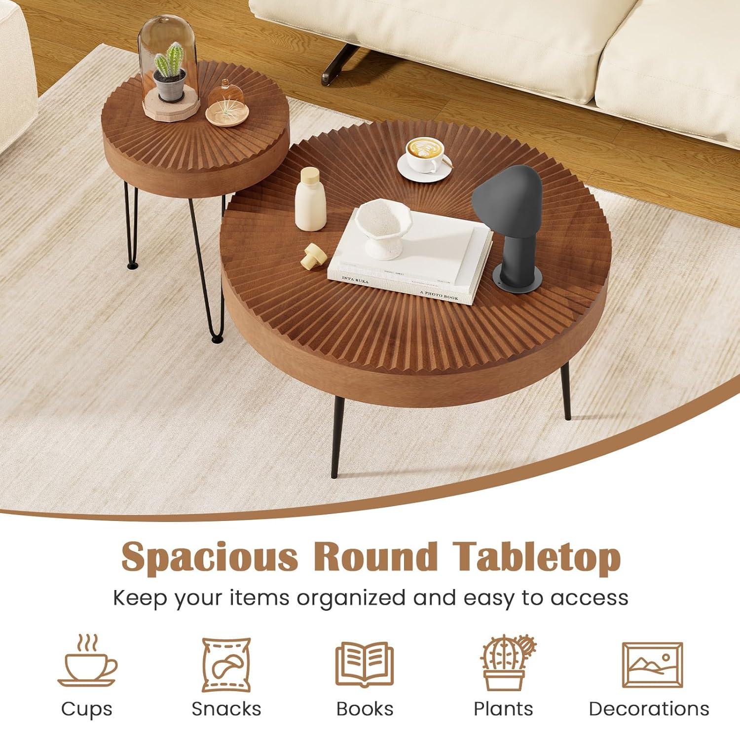 Millwood Pines Set of 2 Boho Round Coffee Table with Solid Pine Wood Top and Metal Legs