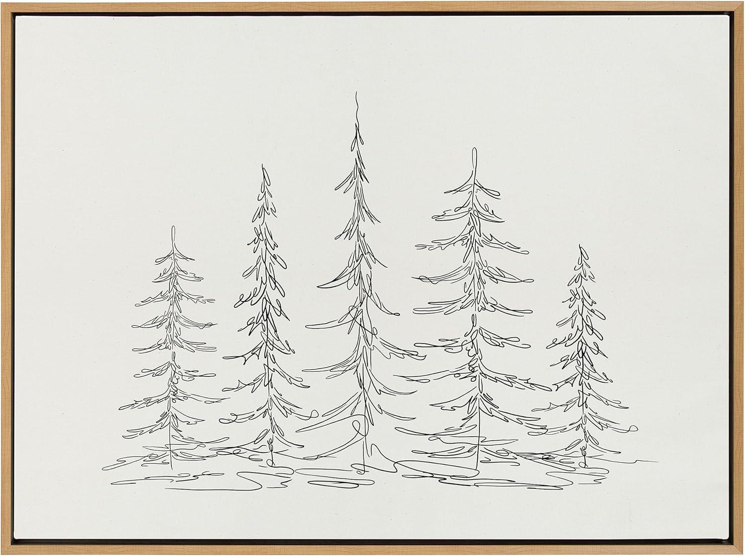 Kate and Laurel Sylvie Minimalist Evergreen Trees Sketch Framed Canvas Wall Art by The Creative Bunch Studio, 28x38 Natural, Modern Minimal Tree Line Wall Art