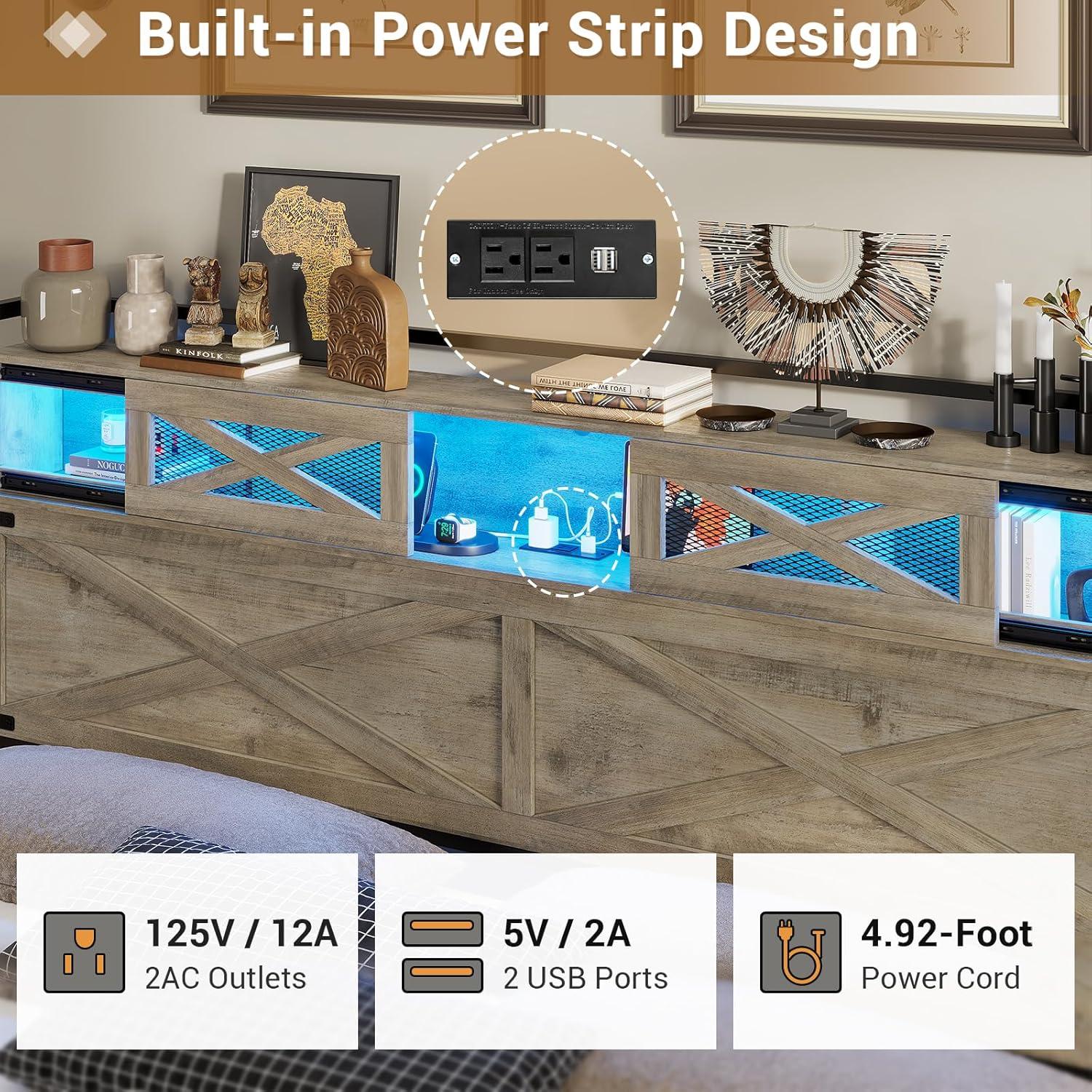 Hasuit King Bed Frame with Storage Headboard, Platform Bed King Size with Charging Station and LED Lights, Farmhouse Rustic Bed with Sliding Barn Door, Rustic Oak