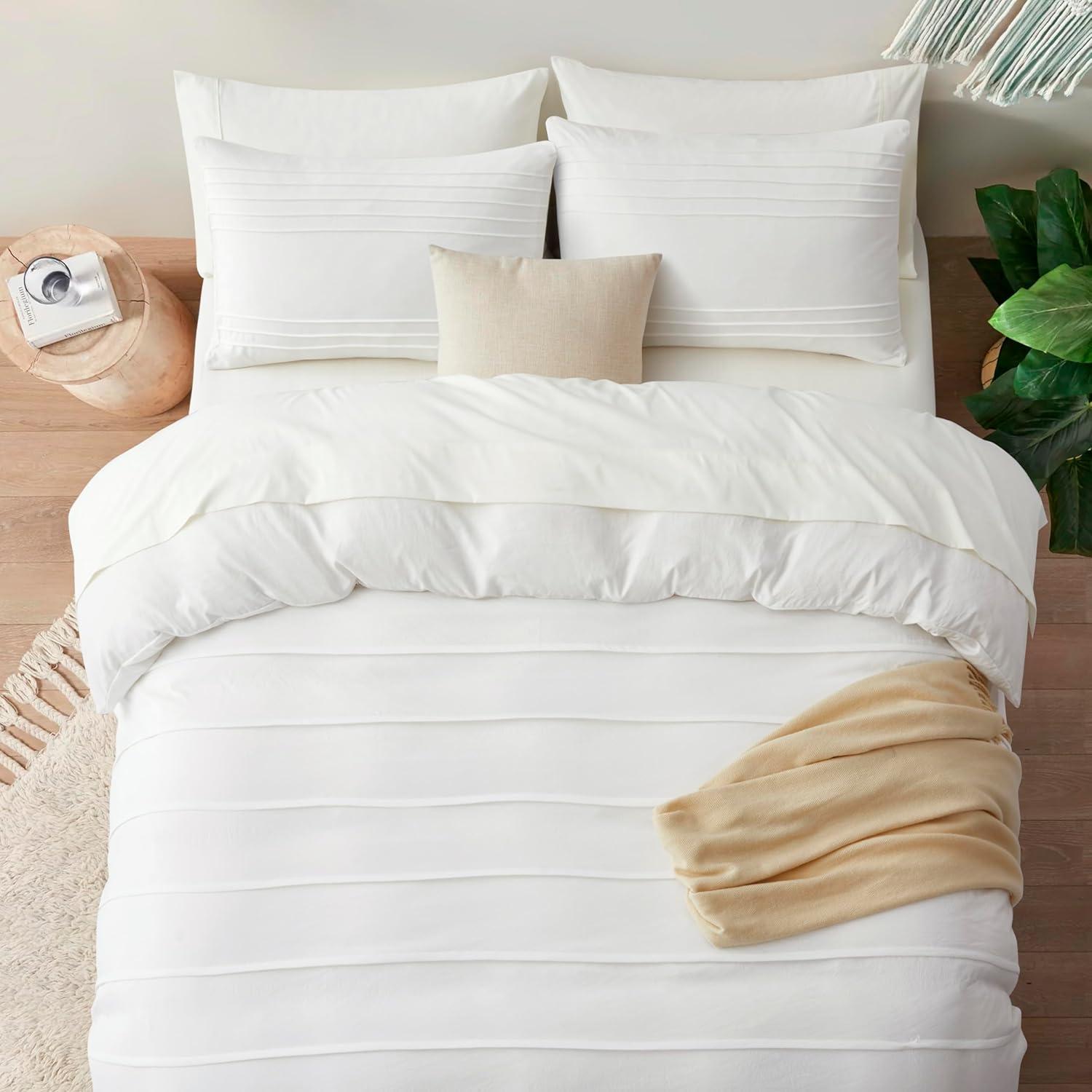 Oli Anderson White Duvet Cover Twin Size - Pleated Twin Duvet Cover, 2PCS Soft and Breathable Textured Bedding Set with Zipper Closure(White,68"x90")