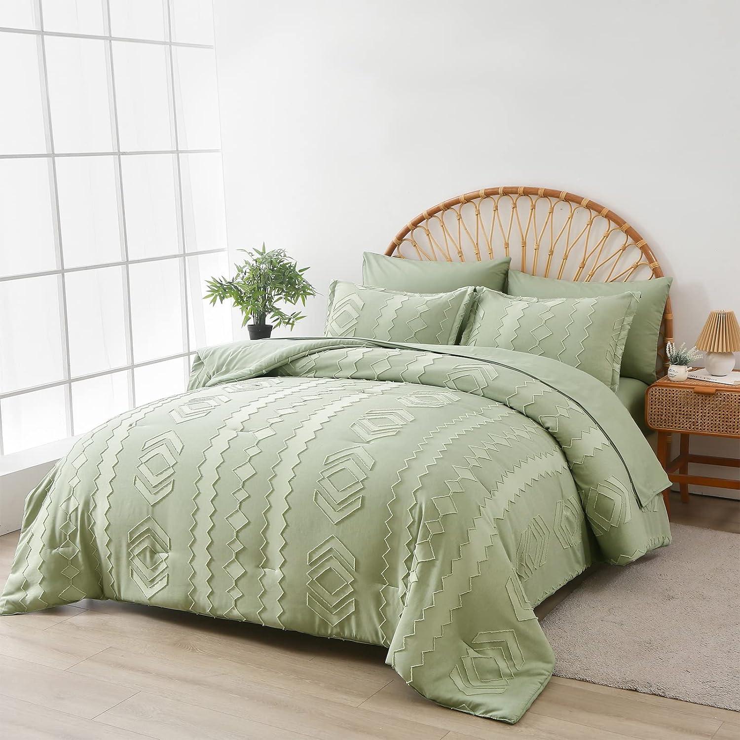 Sage Green Microfiber King Boho Comforter Set with Pom-Pom Accents