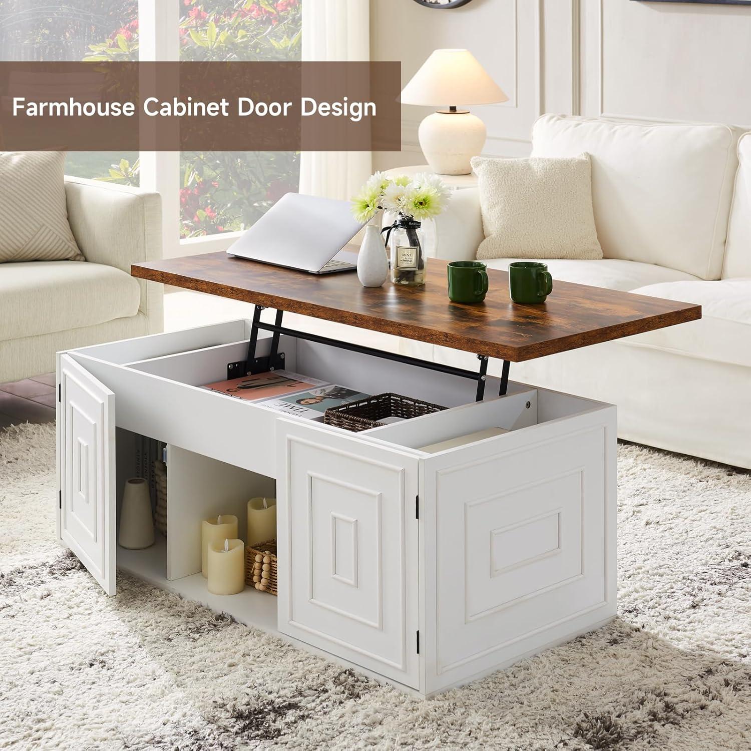 47.3" Lift Top Coffee Table, Farmhouse Coffee Table for Living Room, White Lift Top Coffee Table with Large Hidden Storage Compartment and Sliding Barn Doors, White