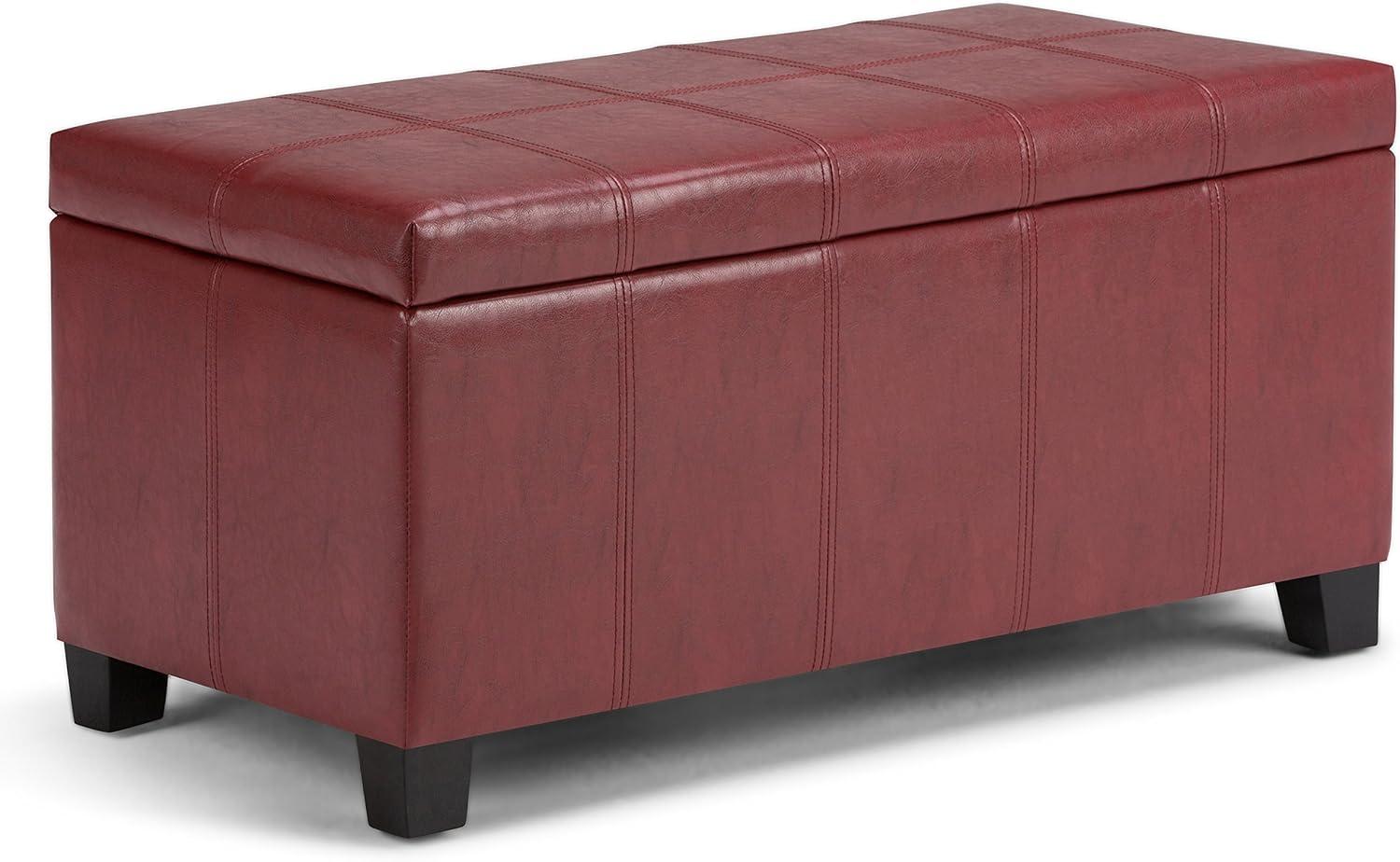 Simpli Home Dover Faux Leather Storage Bench in Radicchio Red