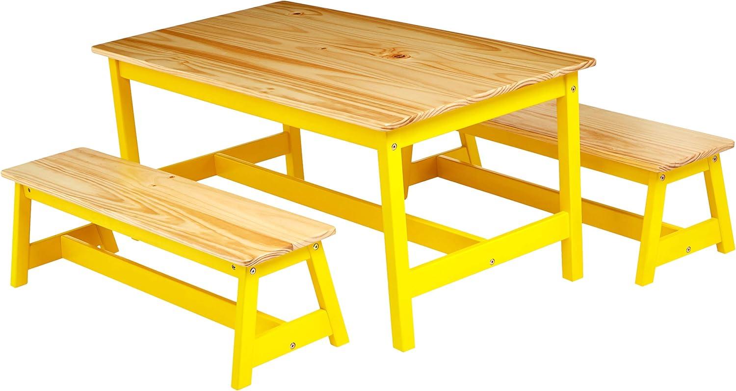 YUNWEN Indoor Kids Table and Bench Set, Natural, 3 Count (Pack of 1)