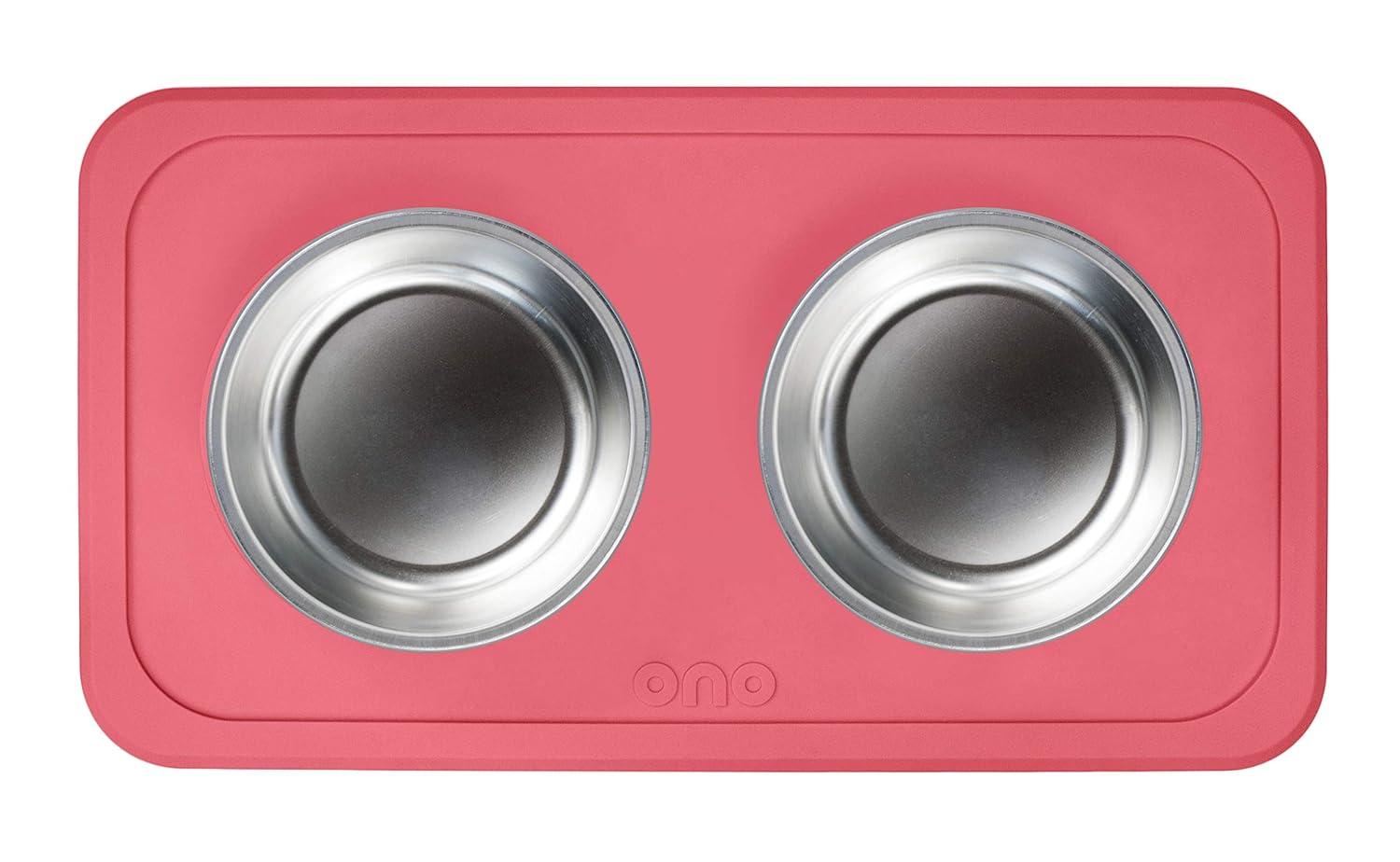 Ono Good Bowl Food & Water Double Feeder - Small to Medium Pets No Spill Non Skid Silicone Mat & Stainless Steel Bowl for Dogs or Cats (Charcoal)