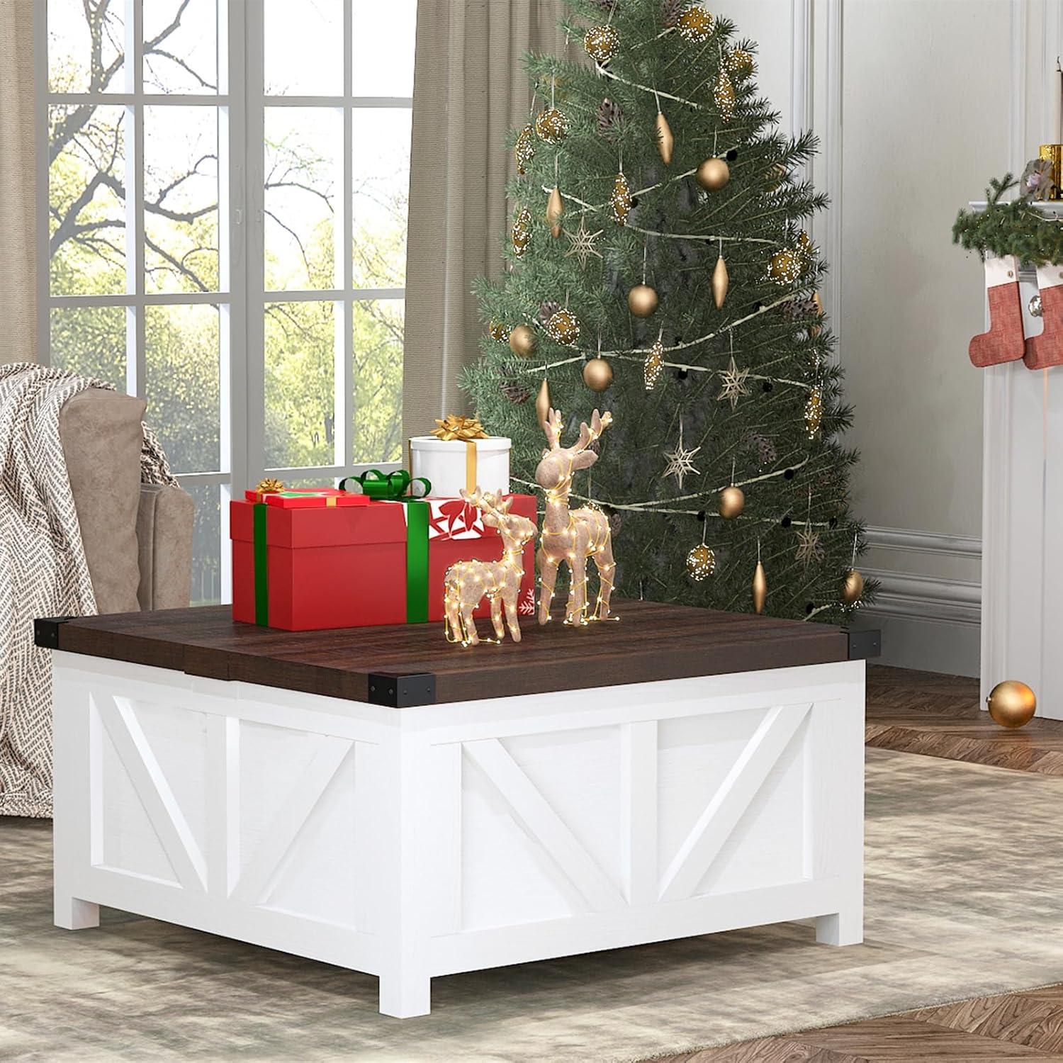 White and Brown Square Lift-Top Coffee Table with Storage