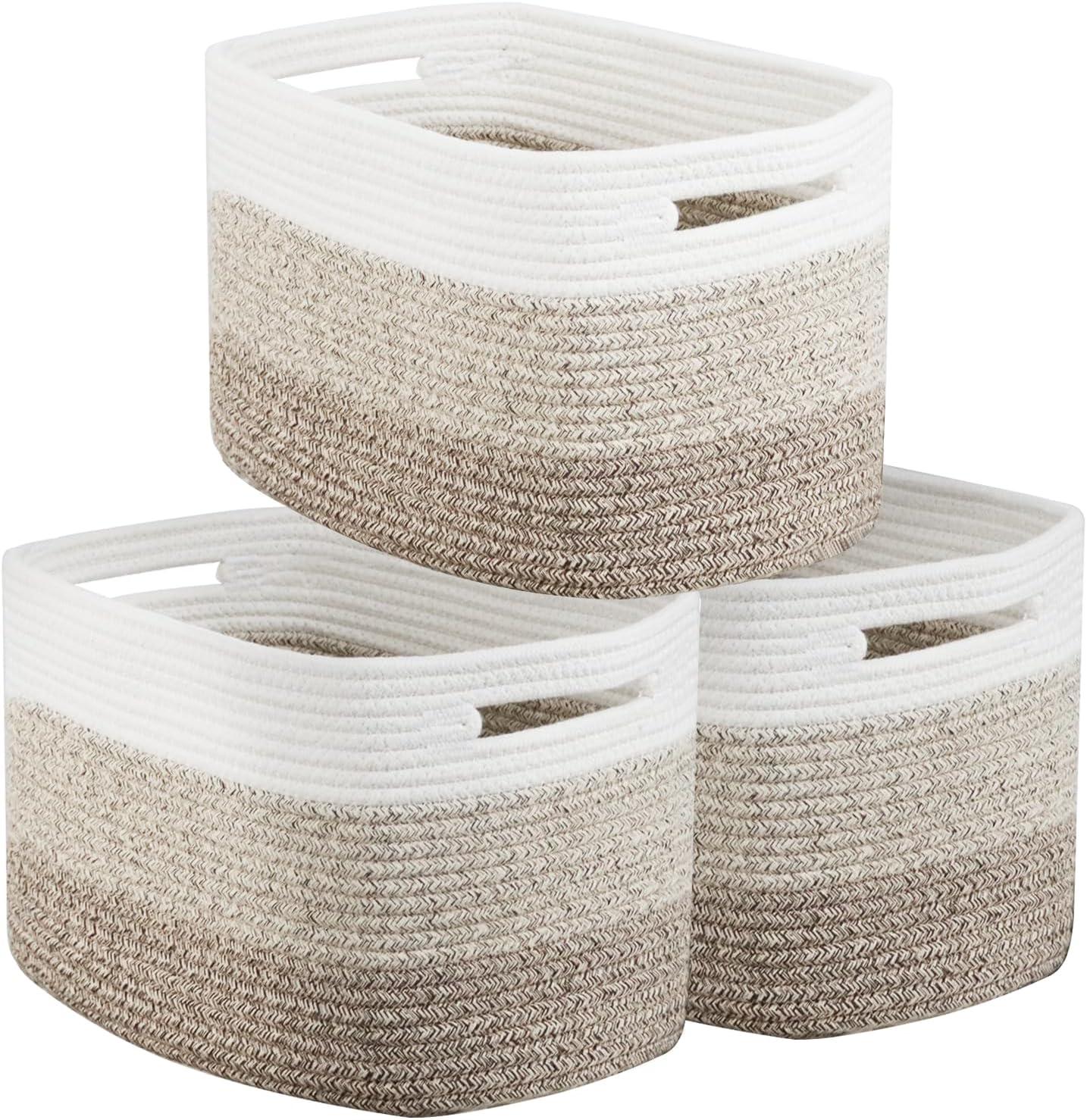 Set of 3 White and Khaki Cotton Rope Rectangular Baskets