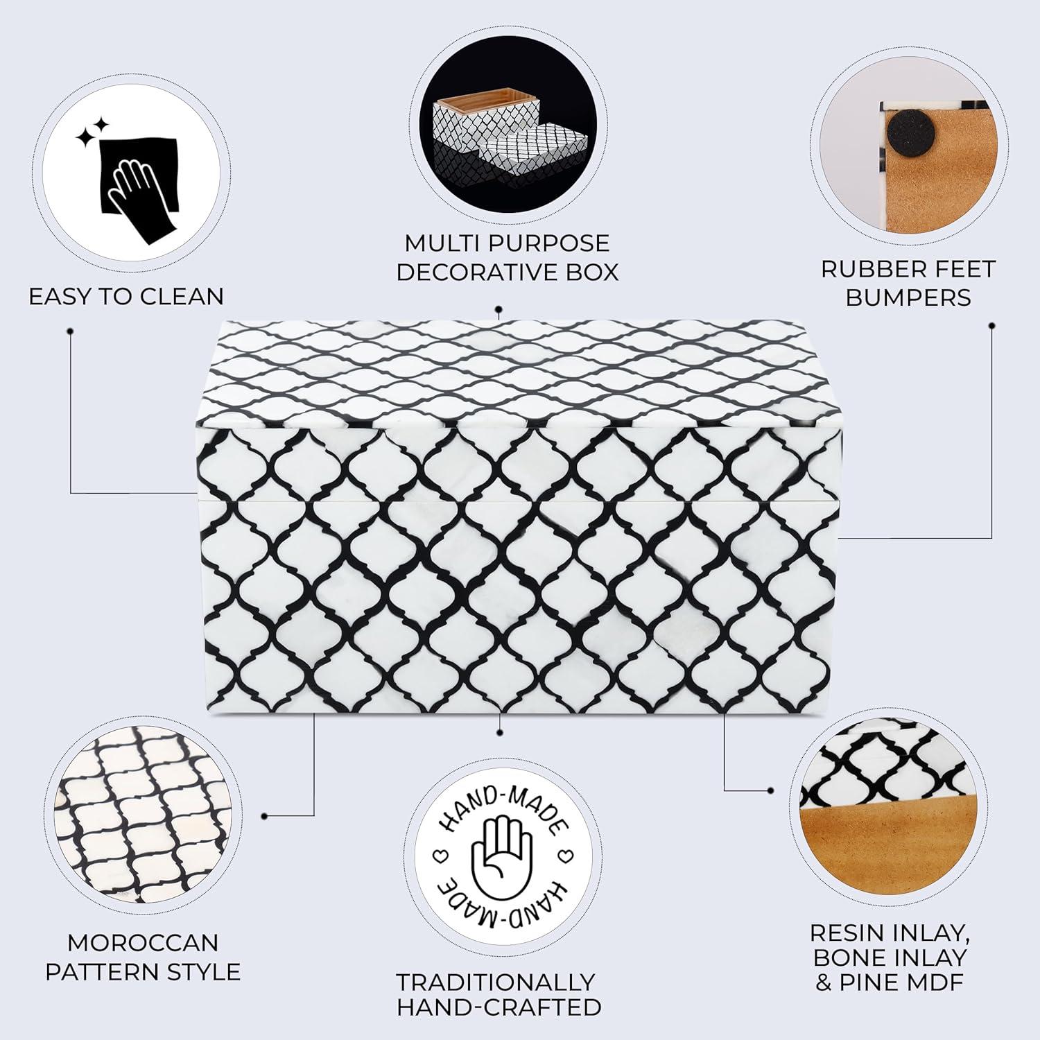 HANDICRAFTS HOME Moroccan Pattern Inspired Collection, Storage Organizer Decorative Box Multipurpose Gift - Moroccan B&W 10x5x5 inch