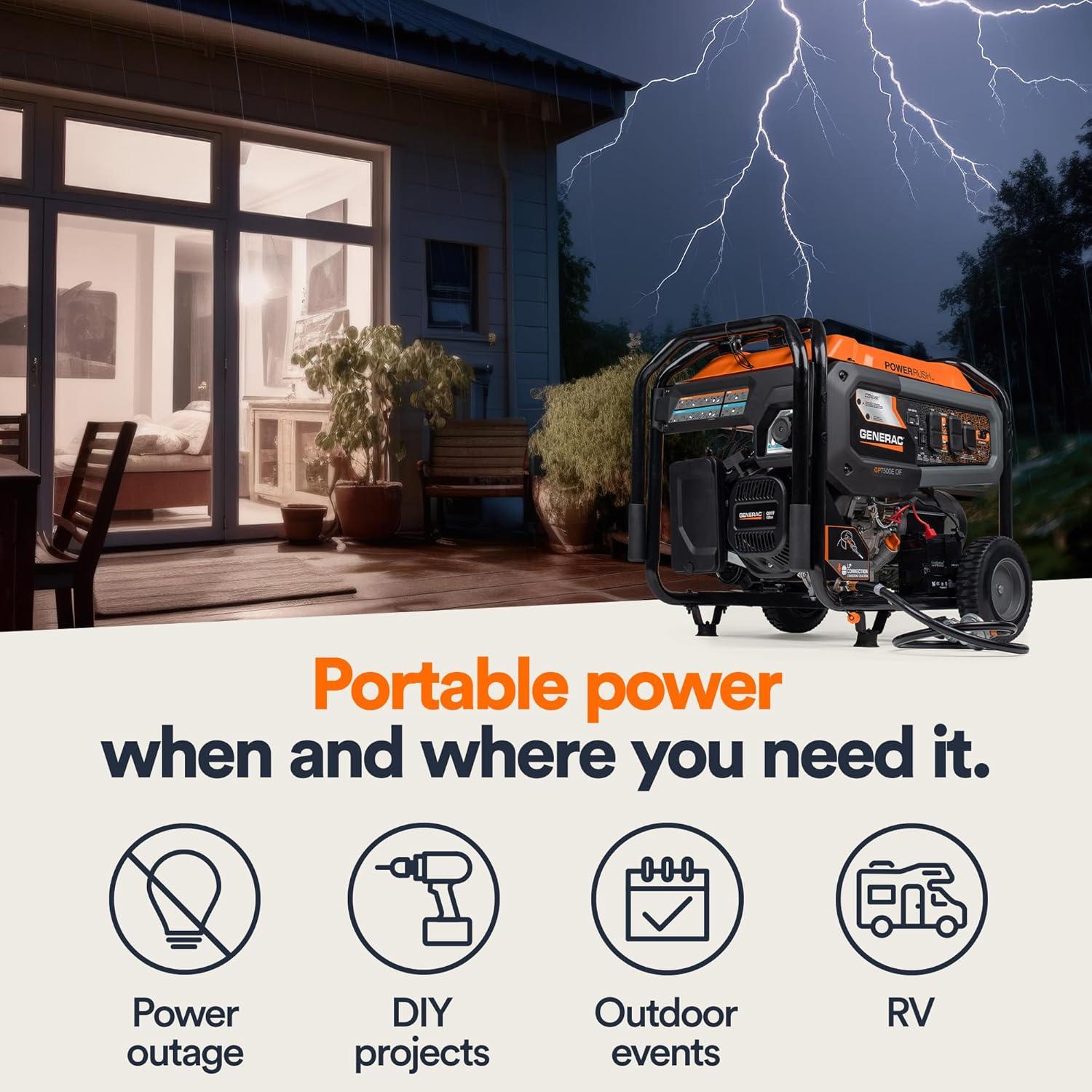 Generac 8011 GP7500E 7,500-Watt Dual-Fuel Compatible Portable Generator, 49-ST