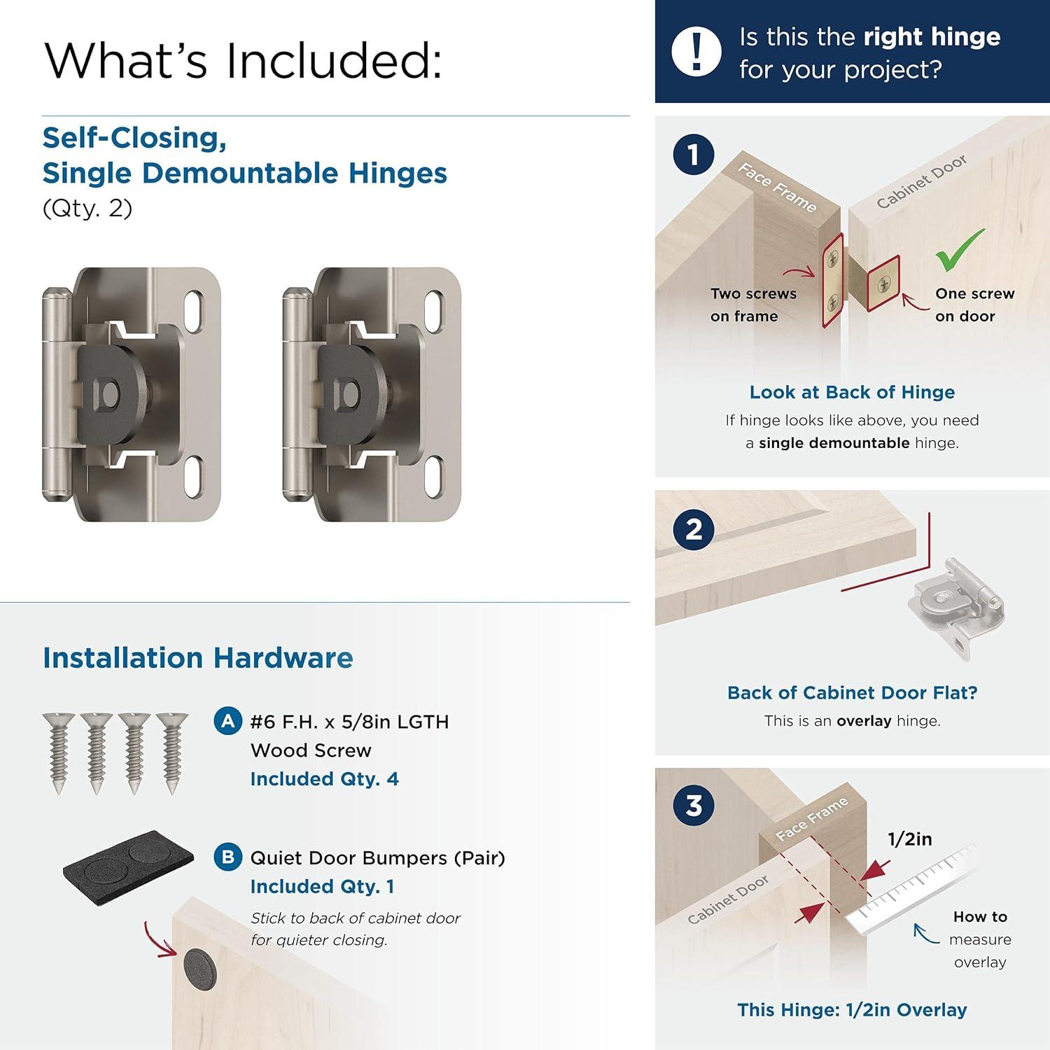 Amerock | Single Demountable Cabinet Hinge | 1/2 inch (12.7 mm) Overlay Hinge | Satin Nickel | 2 Count (pack of 1) | Self-Closing Hinge | Cabinet Door Hinge
