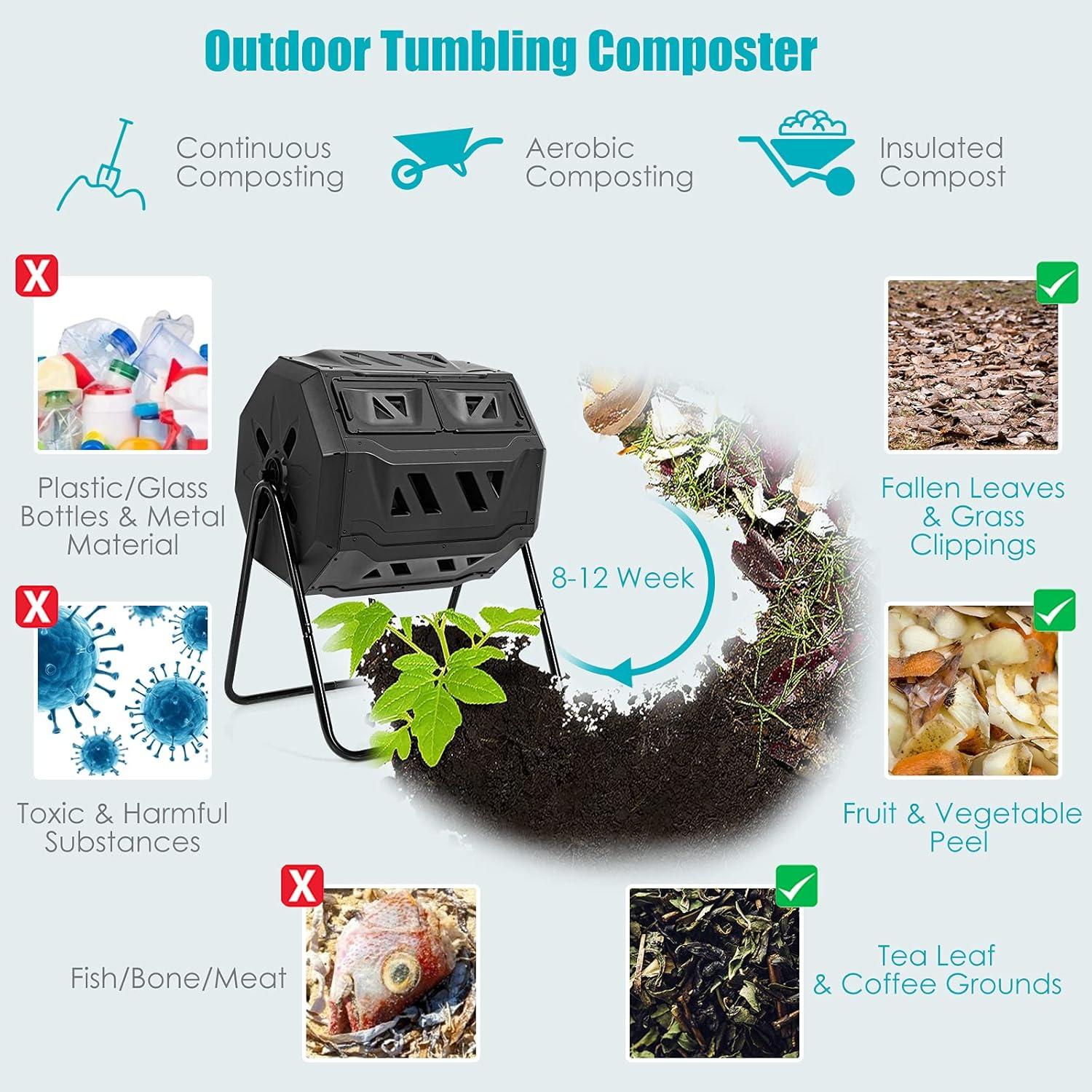 HomGarden Composting Tumbler 43gal Composter Bin W/ Dual Chamber BPA Free Black