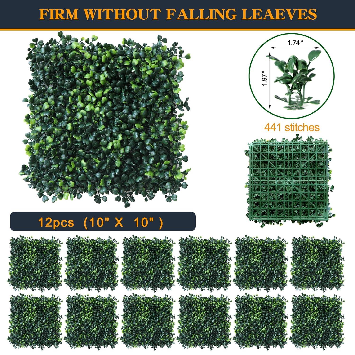 Grass Wall Panels 12 Pcs 10"x 10" Grass Wall Backdrop Panels Artificial Boxwood Greenery Wall Backdrop Privacy Hedge UV Protected for Indoor Outdoor Garden Backyard Party