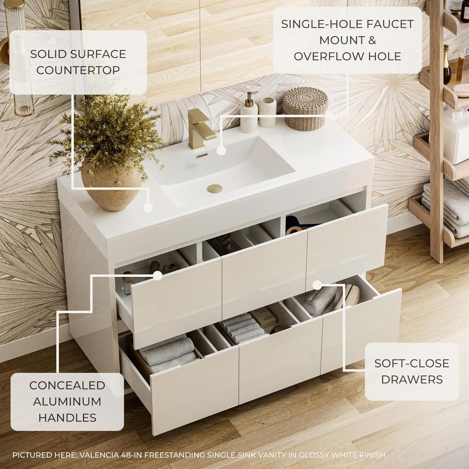 Valencia 60" Freestanding Single Modern Bathroom Vanity with Ingegrated Sink - Faucet Not Included