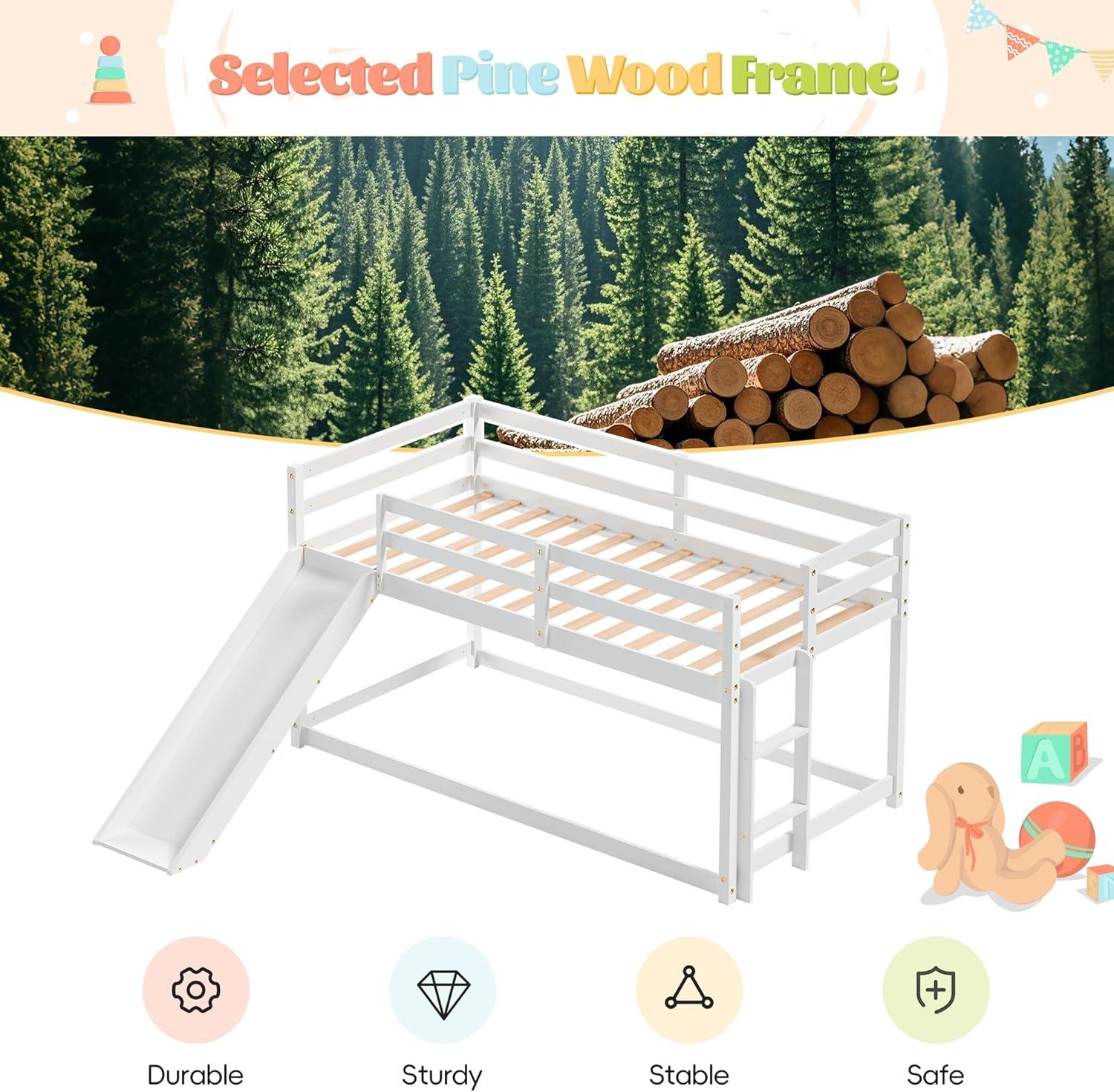 Harper & Bright Designs Kids Loft Bed with Slide,Twin Size Low Loft Beds for Girls Boys Solid Pine Wood Toddler Loft Bed with Ladder and Guard Rails,White