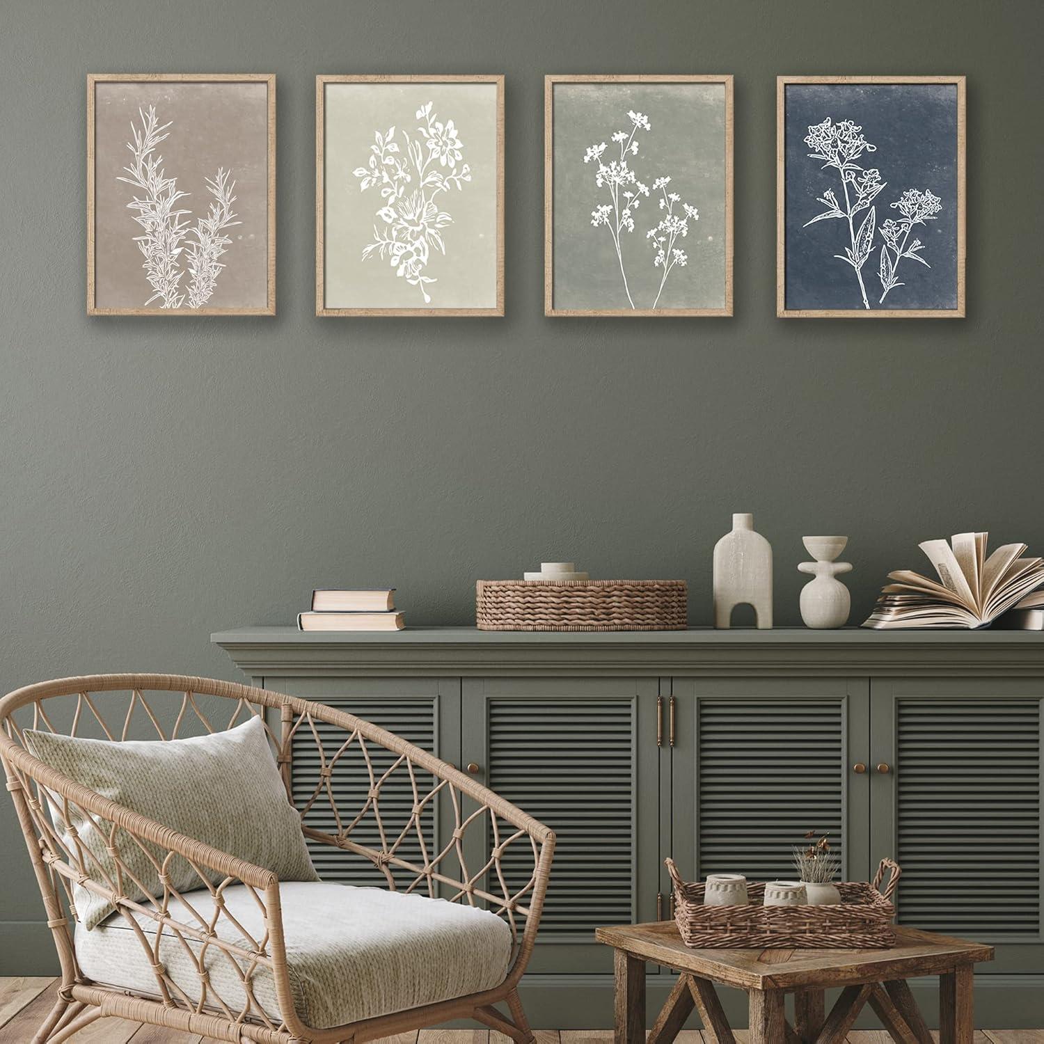 Framed Boho Wall Art Set of 4 for Wooded Minimalist Botanical Print Wall Art for Rustic Vintage Farmhouse Home Kitchen Wall Decor (Brown, 11x14)S301