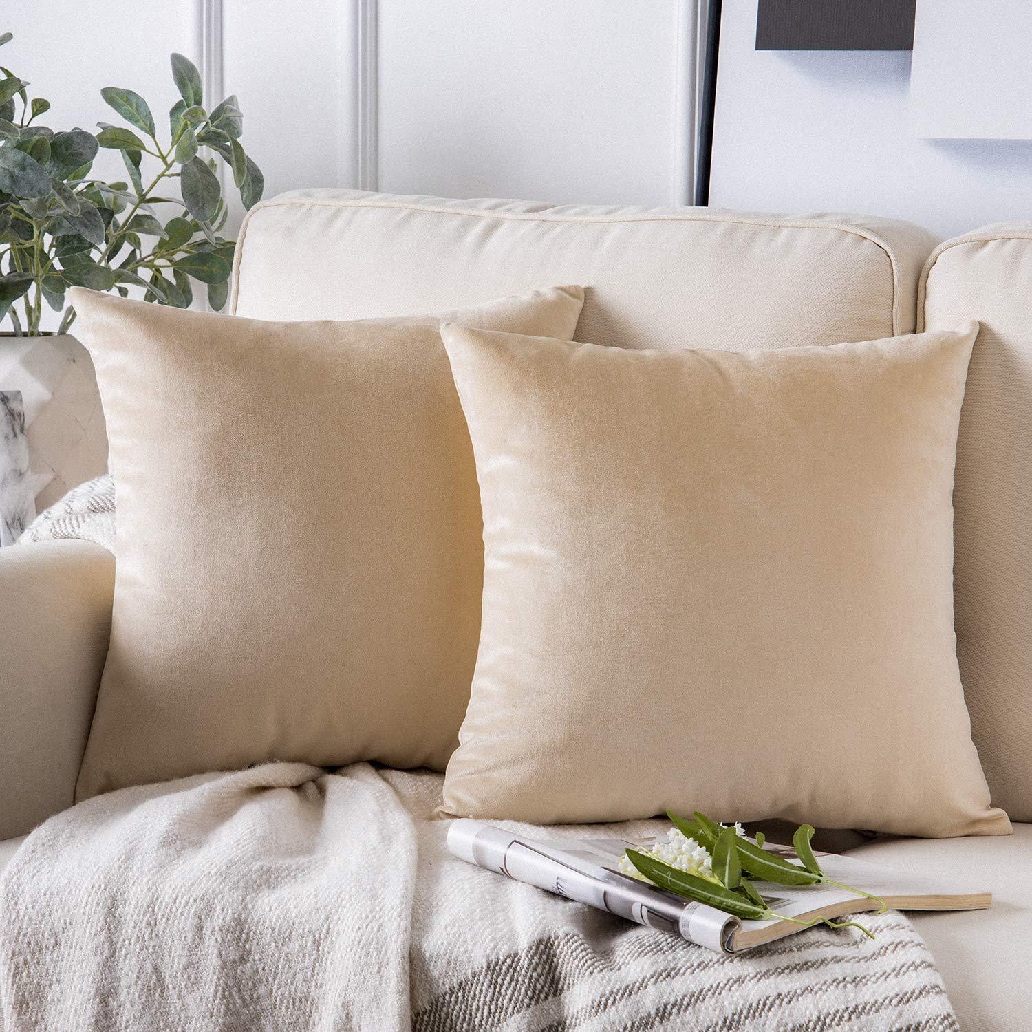 Toptie Set of 2 Velvet Pillow Covers 18" x 18", Throw Cushion Case for Sofa Bedroom (Beige)