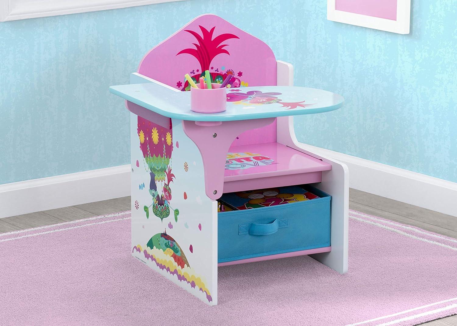 Pink and Blue Trolls World Tour Kids Chair Desk with Storage Bin