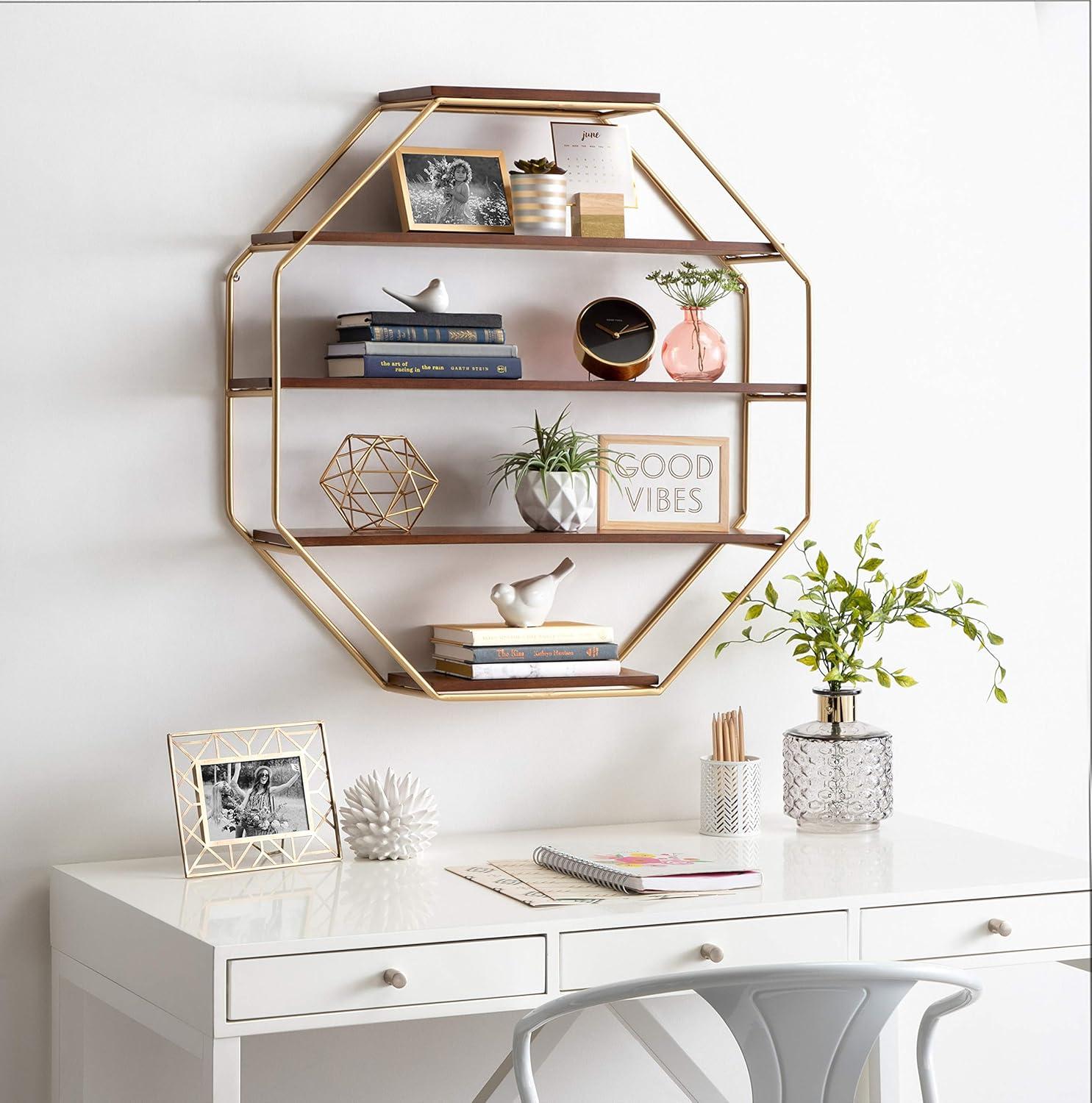 Walnut Brown and Gold Octagon Floating Wall Shelves