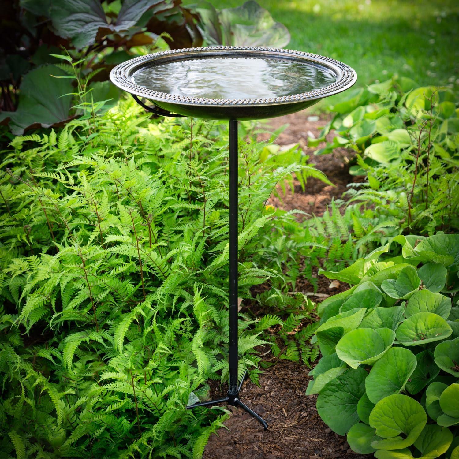 Hand-Hammered Copper Birdbath with Aged Brass Finish and Stand