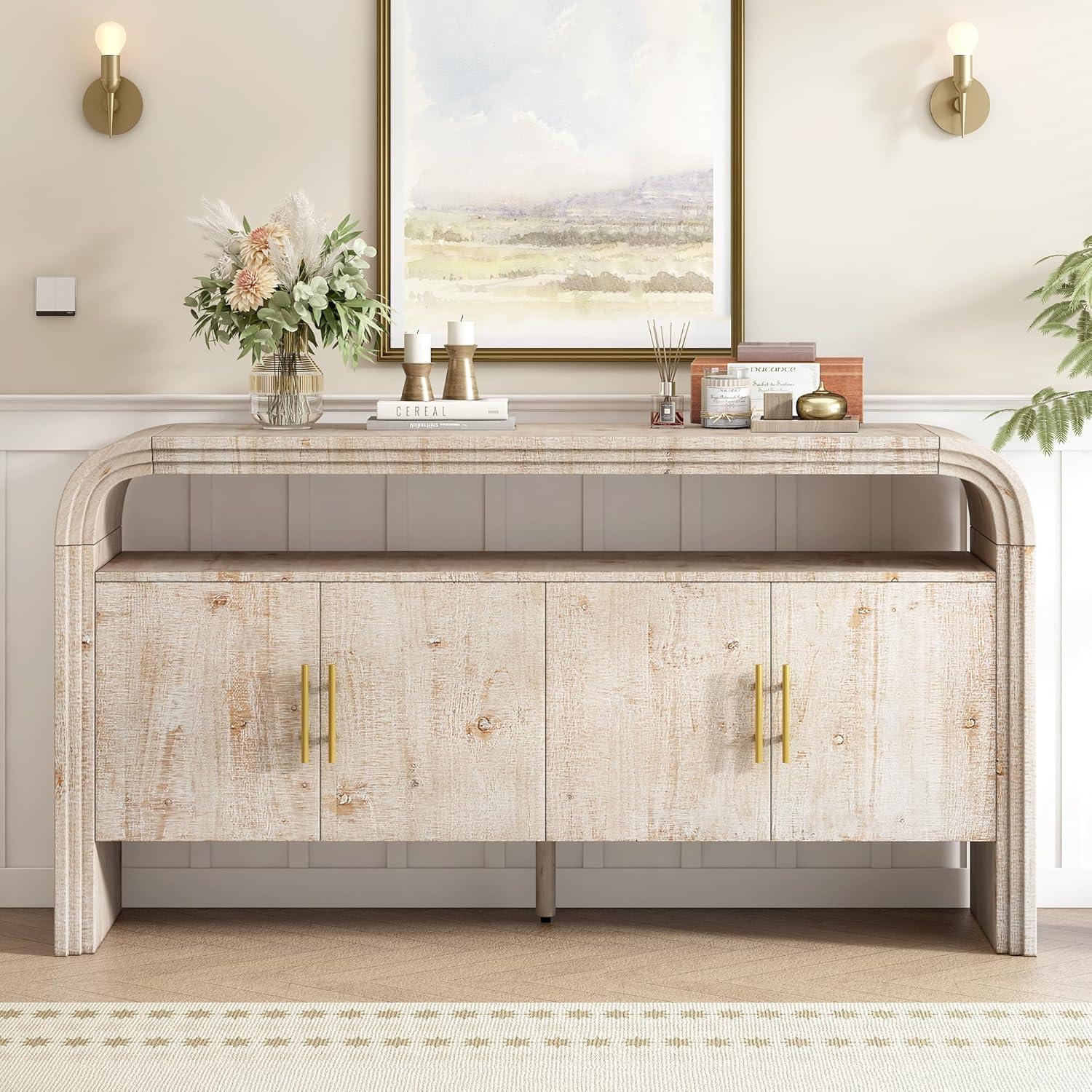 Unique Retro Curved Sideboard with 4 Doors and Treated Fir Veneer, Wood Accent Entryway Console Table Storage Cabinet for Hallway Living Room Foyer Corridor (Natural-12.31)