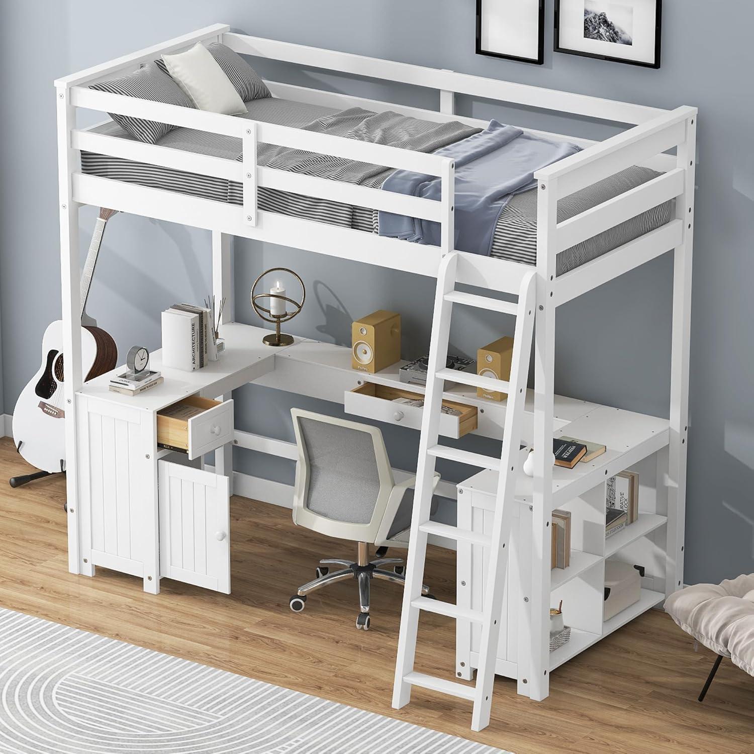 Bellemave Twin Size Loft Bed with U-shaped Desk,Wood Loft Bed Frame for Kids Teens with Drawers and Storage Shelves,No Box Spring Needed(White)
