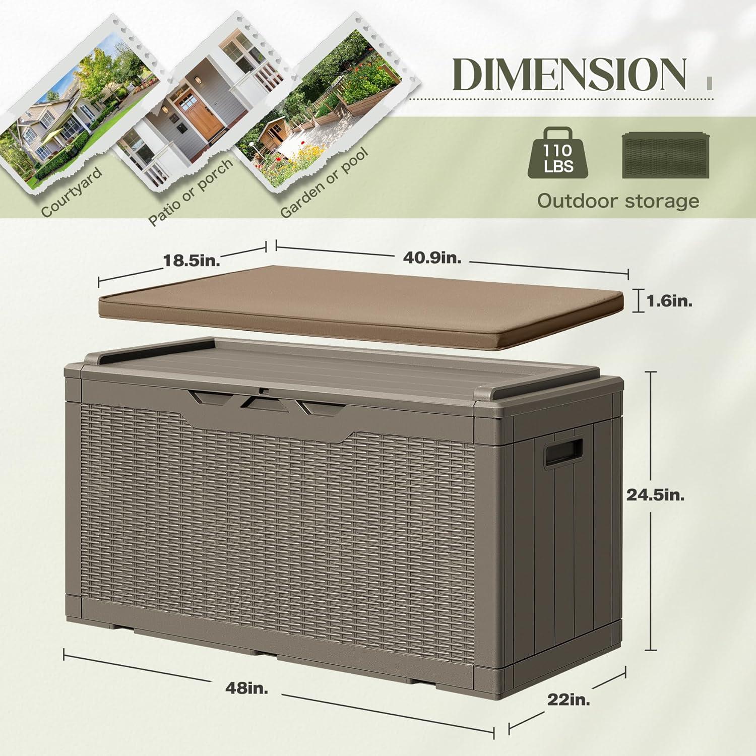 Light Coffee Lockable Resin Deck Box with Cushion, 100 Gallon