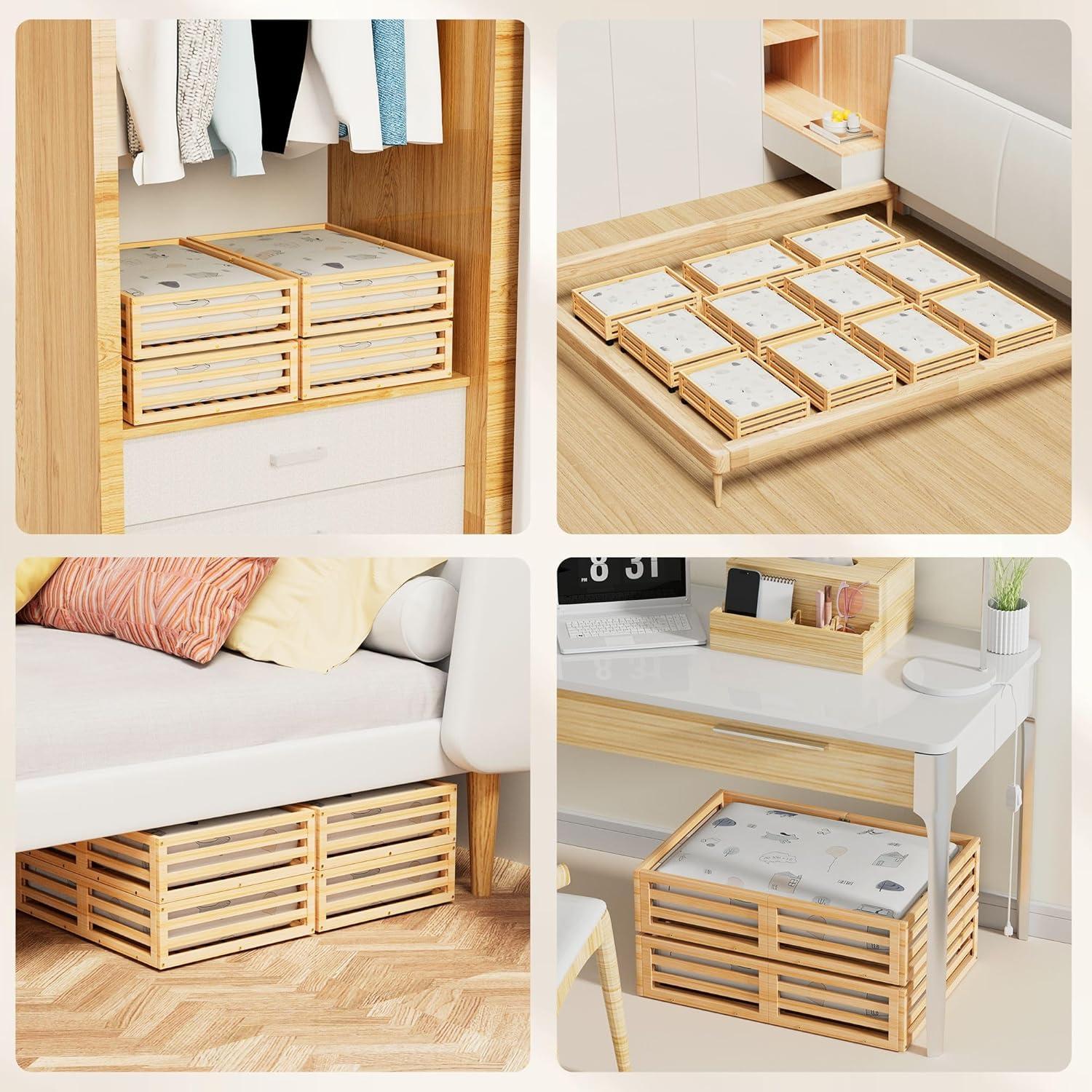 Bamboo Under Bed Storage Containers- Underbed Organizer with Wheels with Large Capacity Dust Bag,Sturdy Wood Rolling Under Bed Shoe Storage Organizer Drawer 2 Packs (Nature, Small)