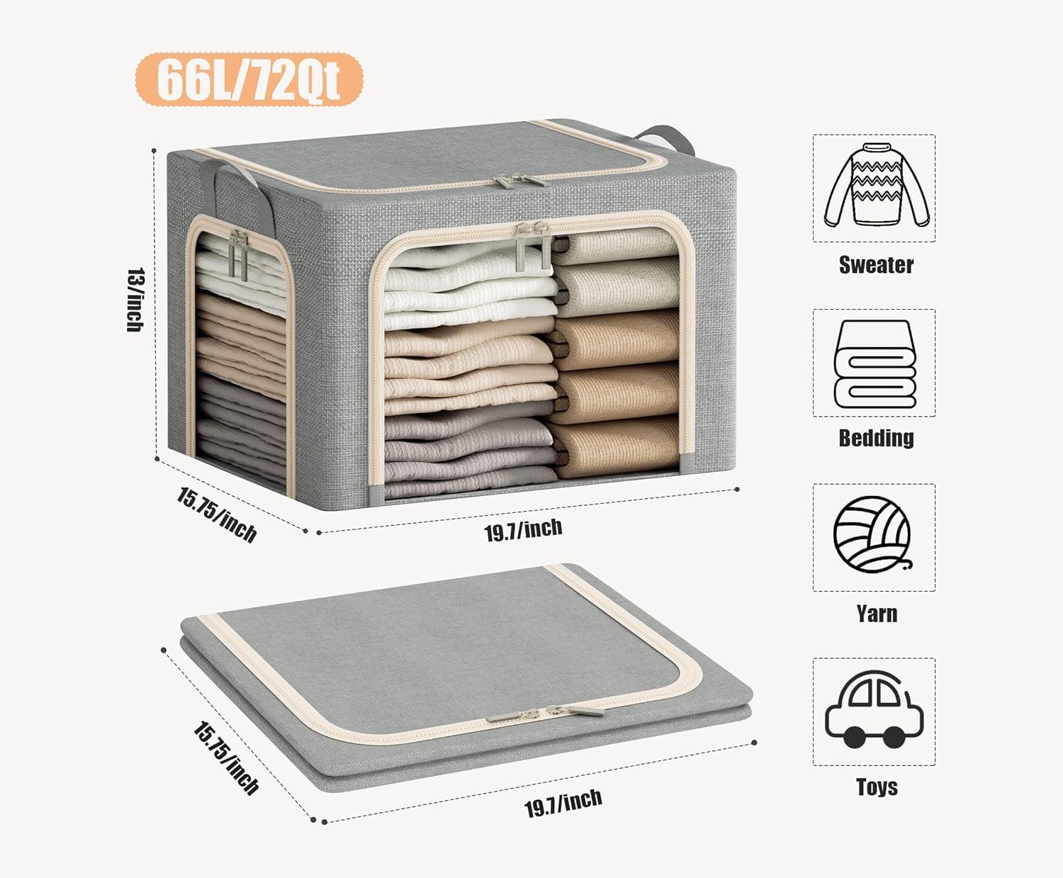 3 Openings Clothes Storage Bins With Metal Frame, Foldable Storage Bin For Clothes, Clothing Storage Bins With Lid, Linen Storage Box With Clear Window& Zippers& Durable Handles.(3 Pcs,Light Grey,40L)