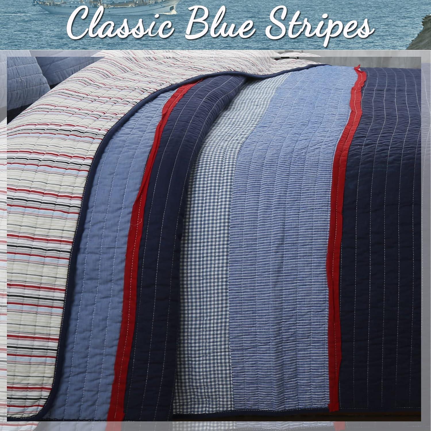 Chambray Stripe Farmhouse / Country Cotton Plaid Quilt Set