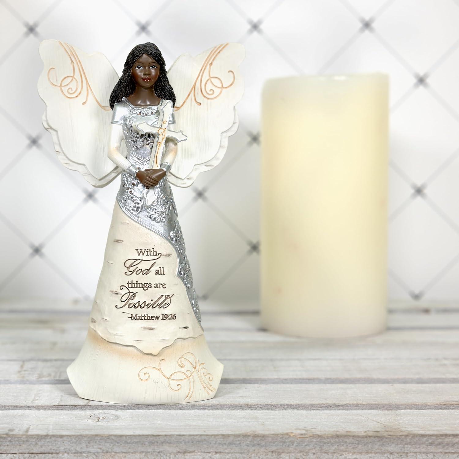 Pavilion  Figurine-Ebony Angel Holding Cross-With God All Things Are Possible - 6.5 in.