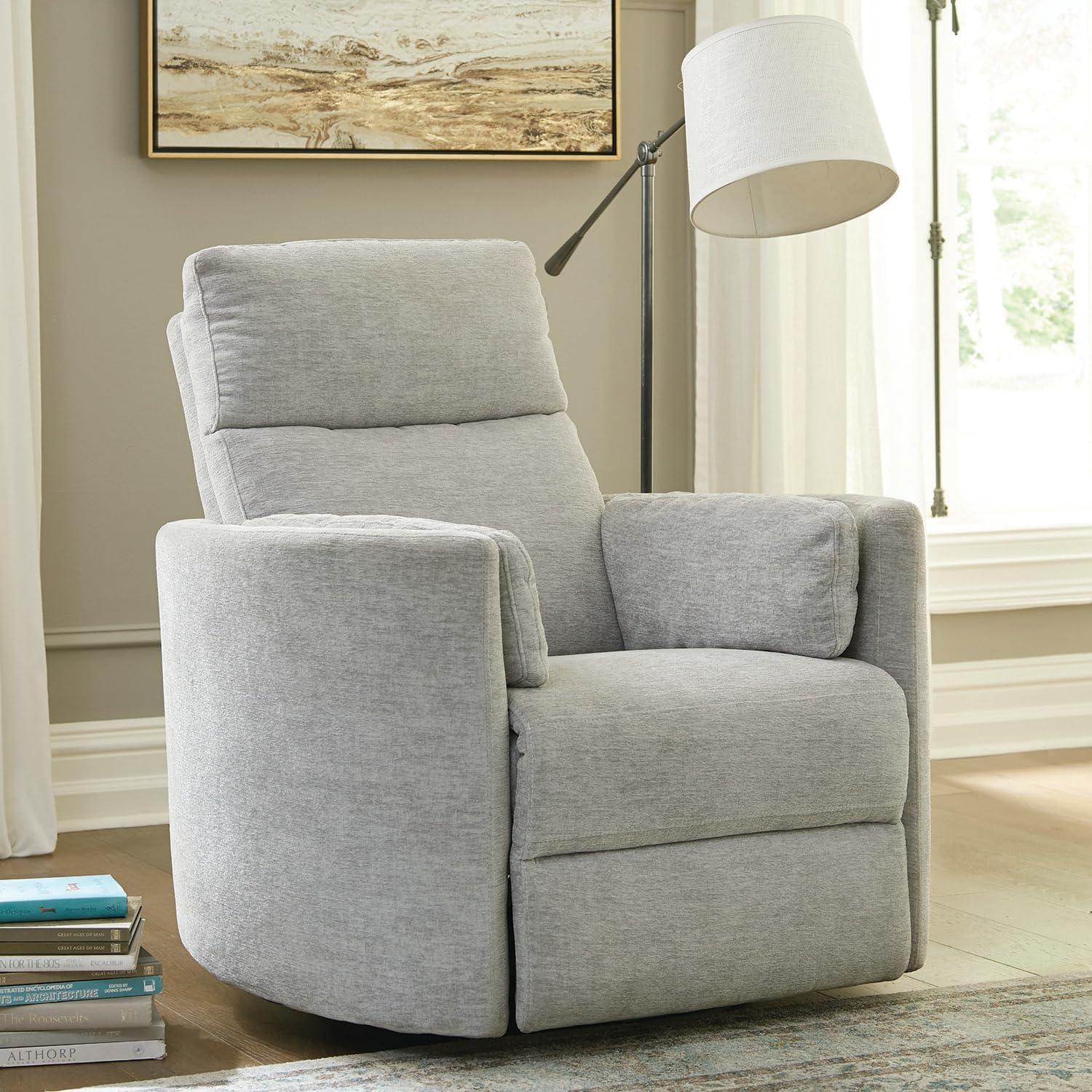 Cream Leather Swivel Glider Recliner with Wood Frame