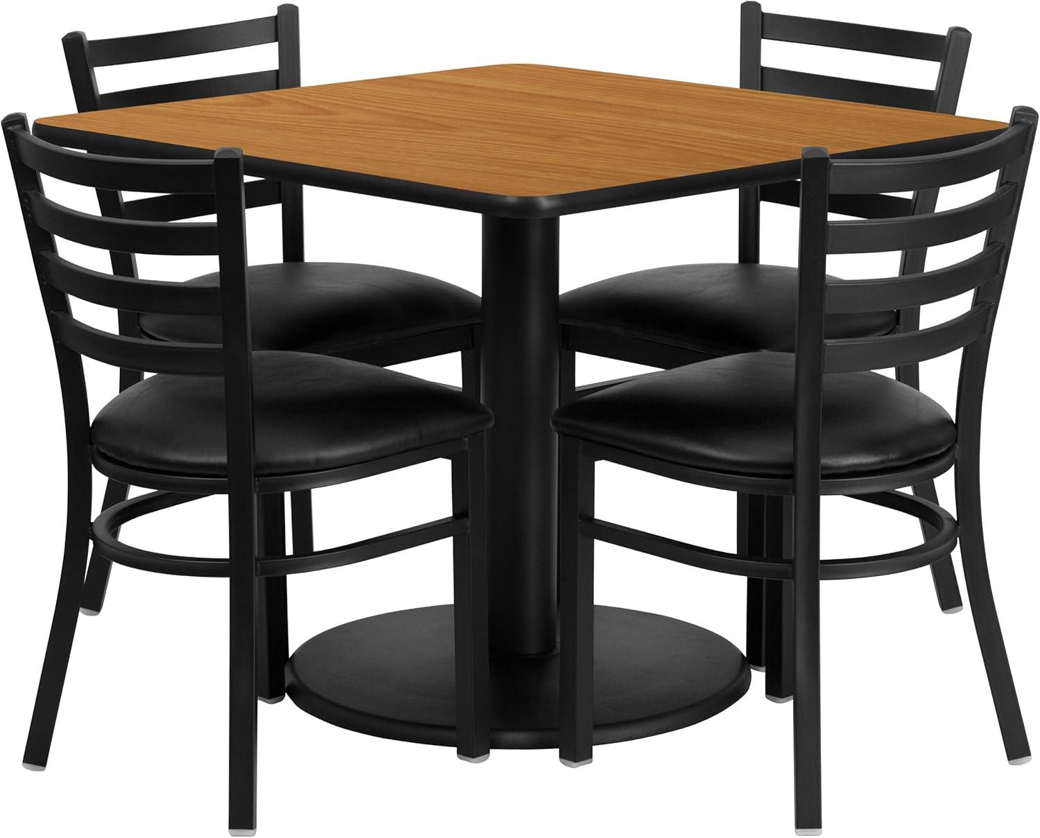 BizChair 36'' Square Black Laminate Table Set with Round Base and 4 Ladder Back Metal Chairs - Black Vinyl Seat