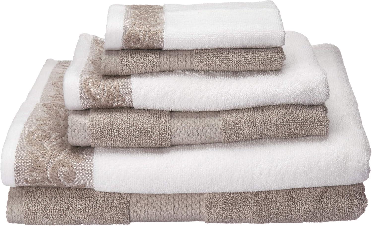 Flax and White Cotton 6-Piece Towel Set with Jacquard Border