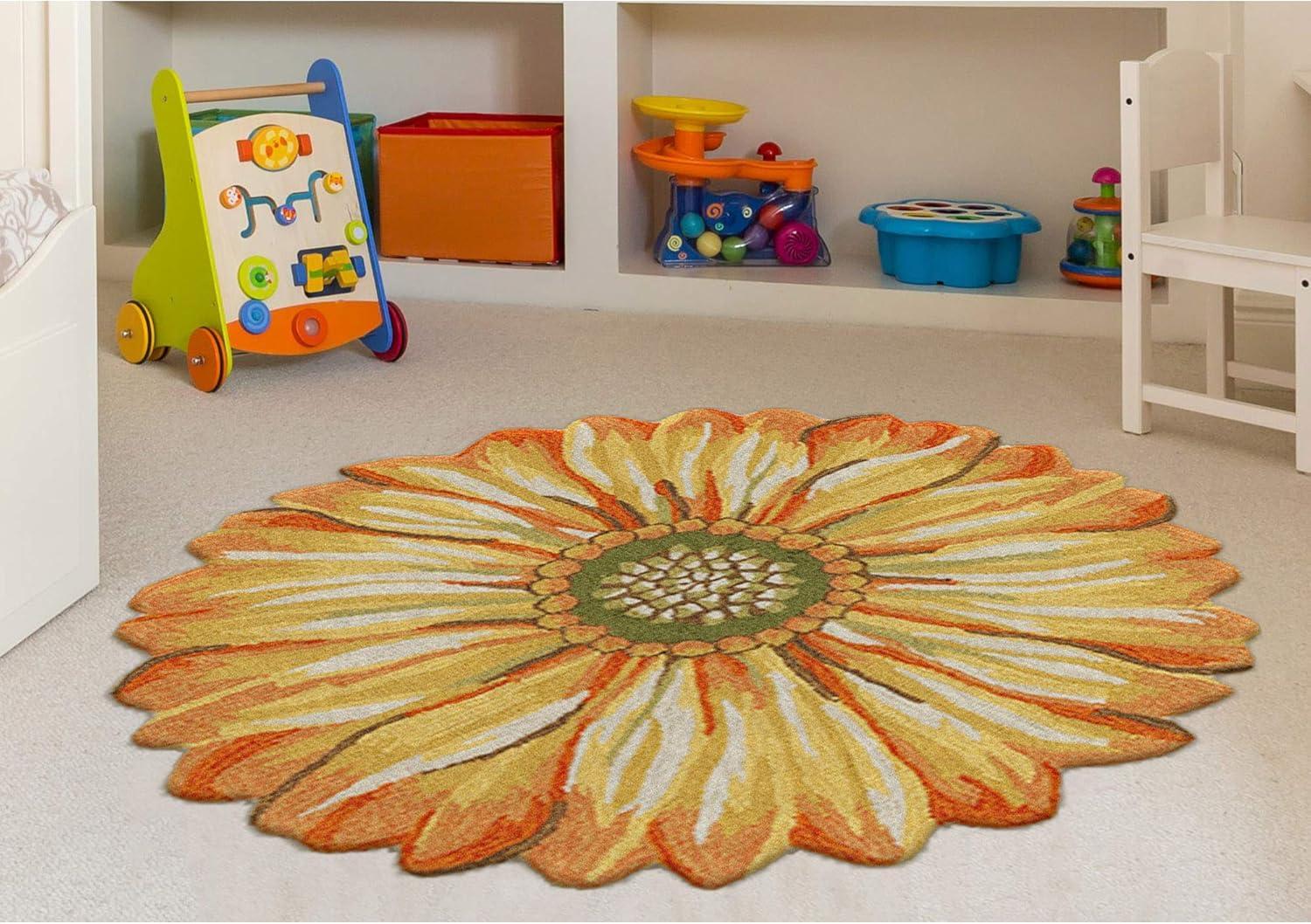 Handmade Ivory Sunflower Round Wool-Blend Tufted Rug 5'