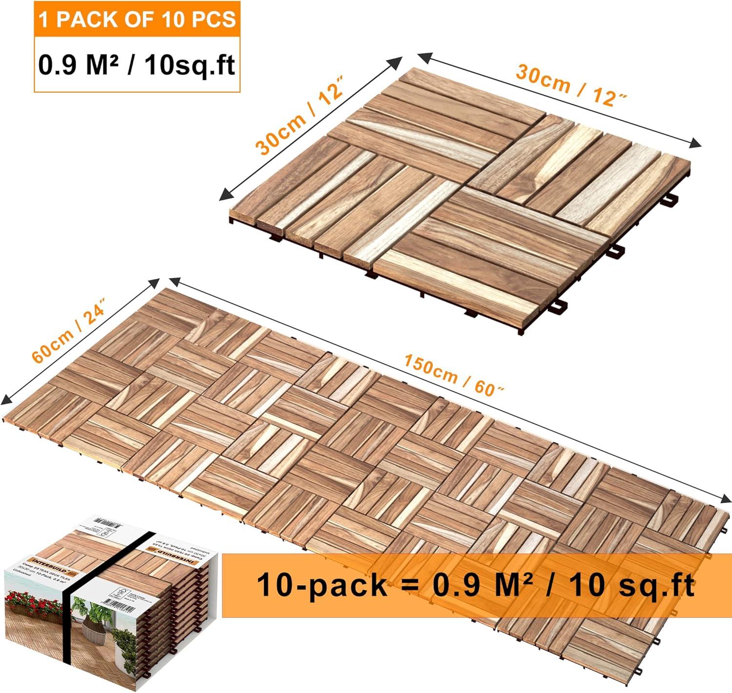 Teak Hardwood Interlocking Deck Tiles, 12" x 12", Pack of 10