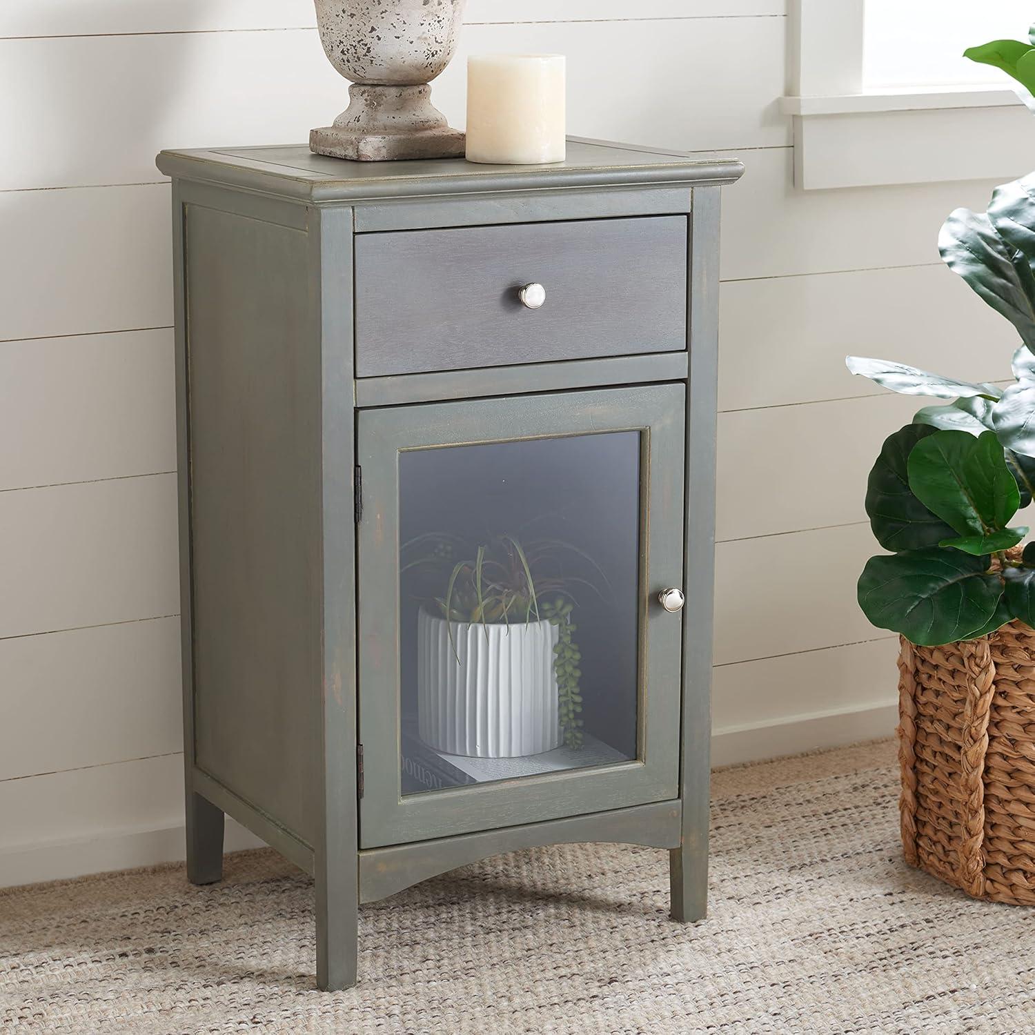 Ziva 1 Drawer Nightstand with Glass Cabinet - Dark Teal - Safavieh.