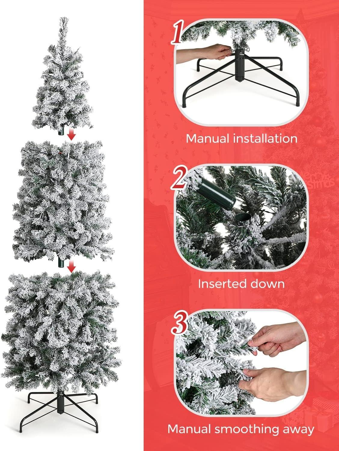 OasisCraft Un-lit 6.5Ft Snow Flocked Artificial Pencil Christmas Tree, Hinged Snowy Slim Xmas Tree Outdoor for Festive Holiday Decoration Metal Stand