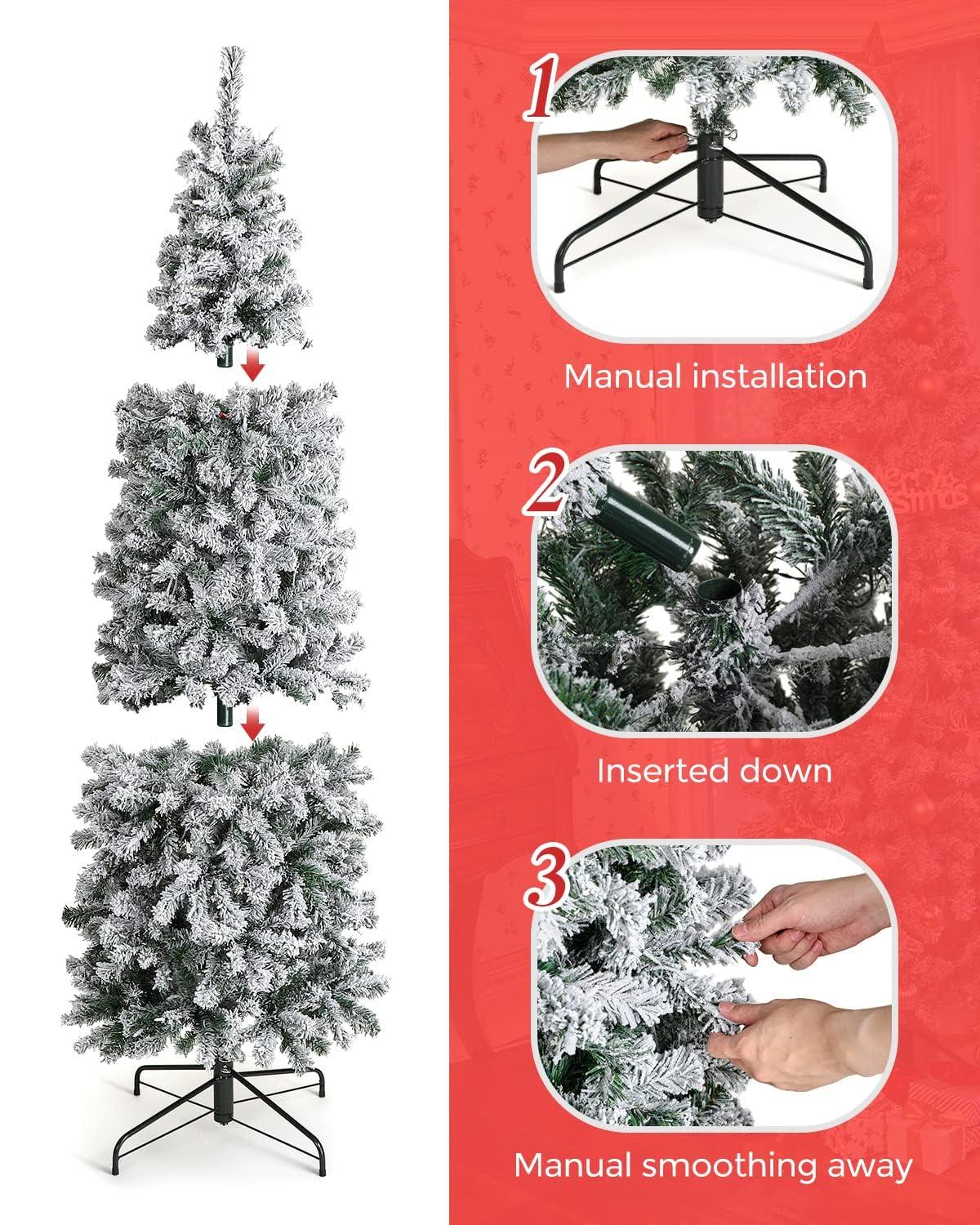 OasisCraft Un-lit 6.5Ft Snow Flocked Artificial Pencil Christmas Tree, Hinged Snowy Slim Xmas Tree Outdoor for Festive Holiday Decoration Metal Stand